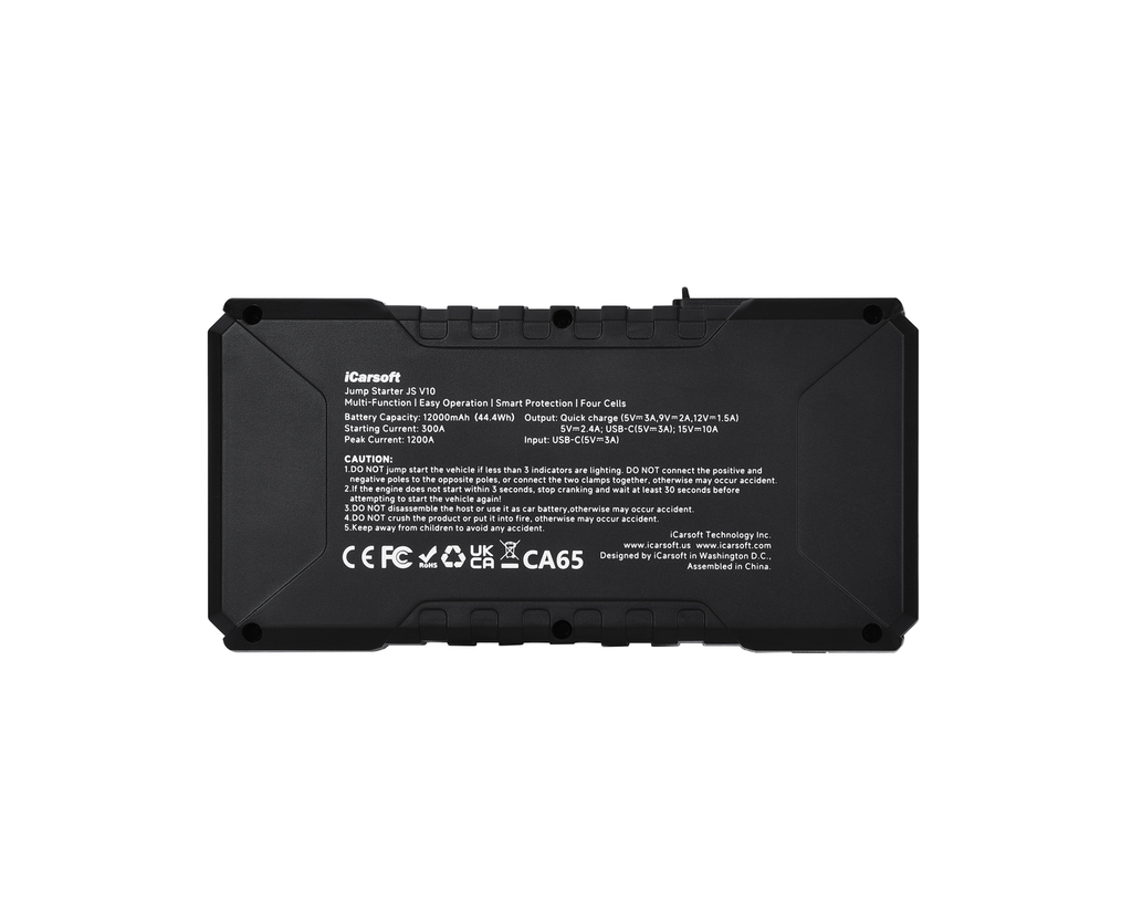Vue arrière du booster de batterie iCarsoft JS V10 avec caractéristiques techniques