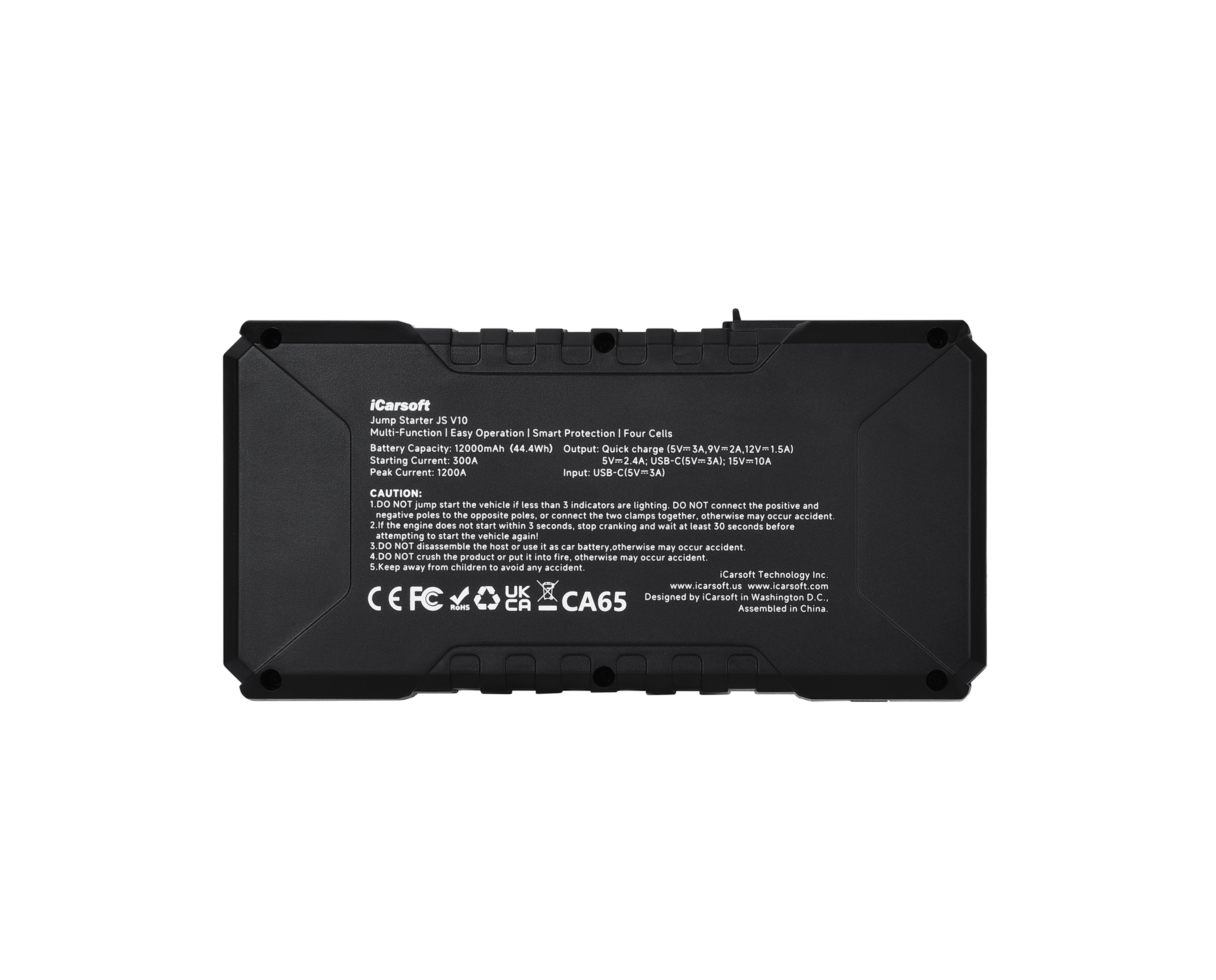 Vue arrière du booster de batterie iCarsoft JS V10 avec caractéristiques techniques