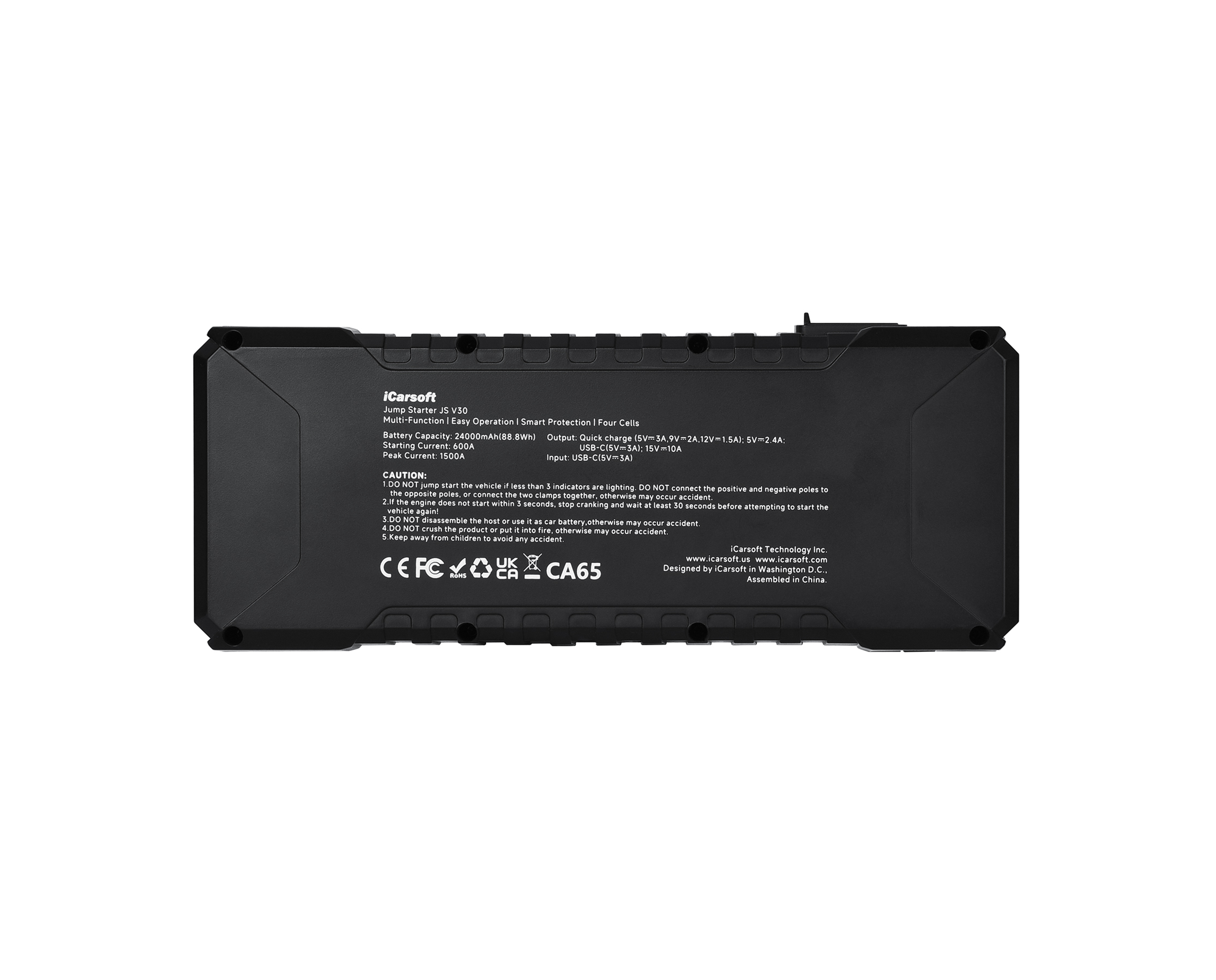 Vue arrière du booster de batterie iCarsoft JS V30 avec ses spécifications et consignes