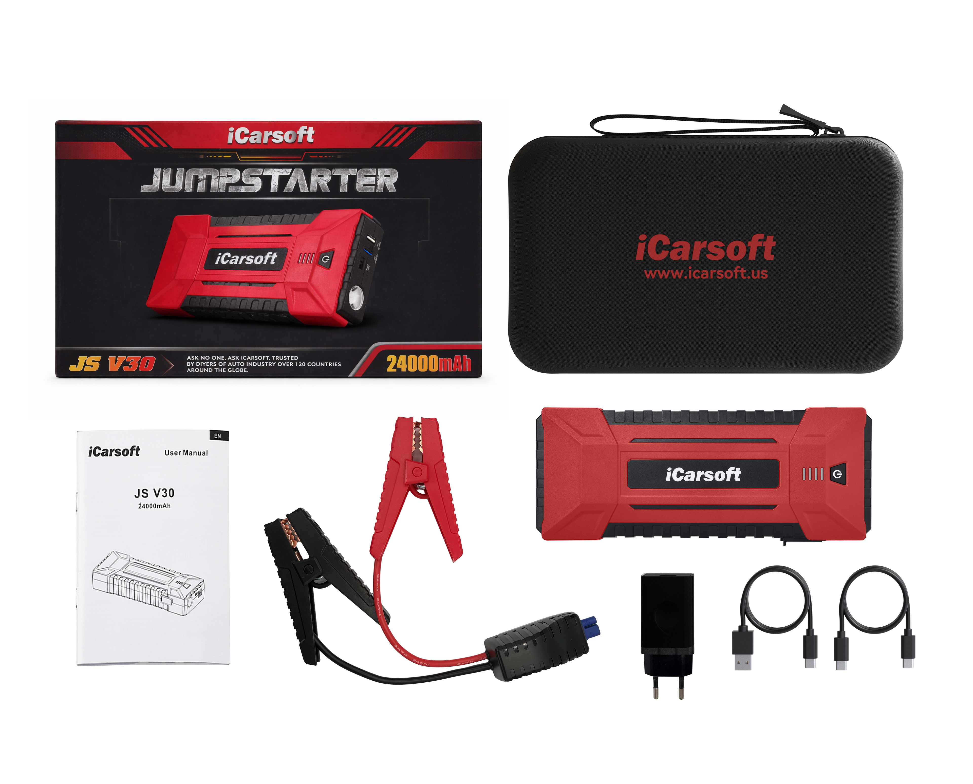 Pack complet avec booster de batterie iCarsoft JS V30 cables de demarrage et housse