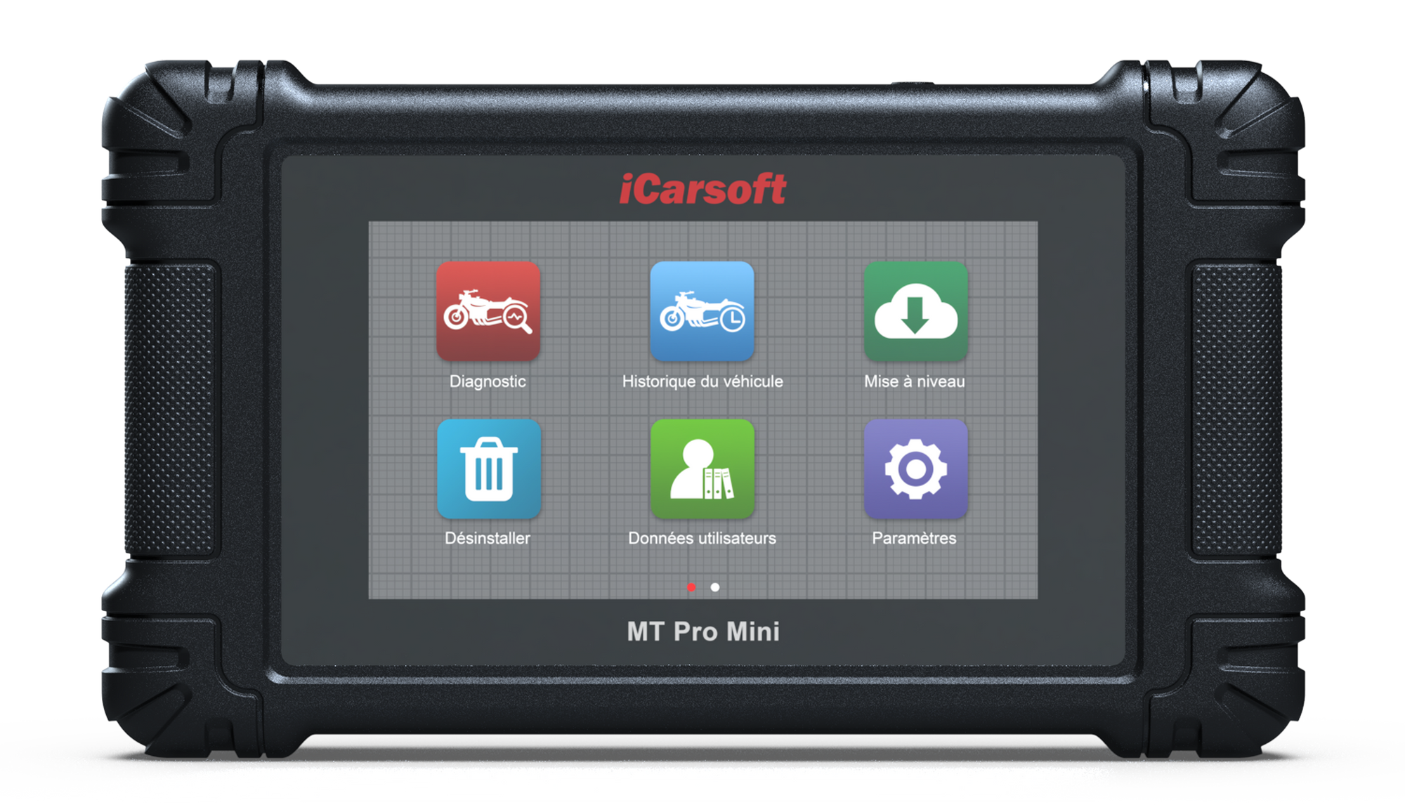 Ecran de la valise de diagnostic moto iCarsoft MT Pro Mini affichant son menu en francais