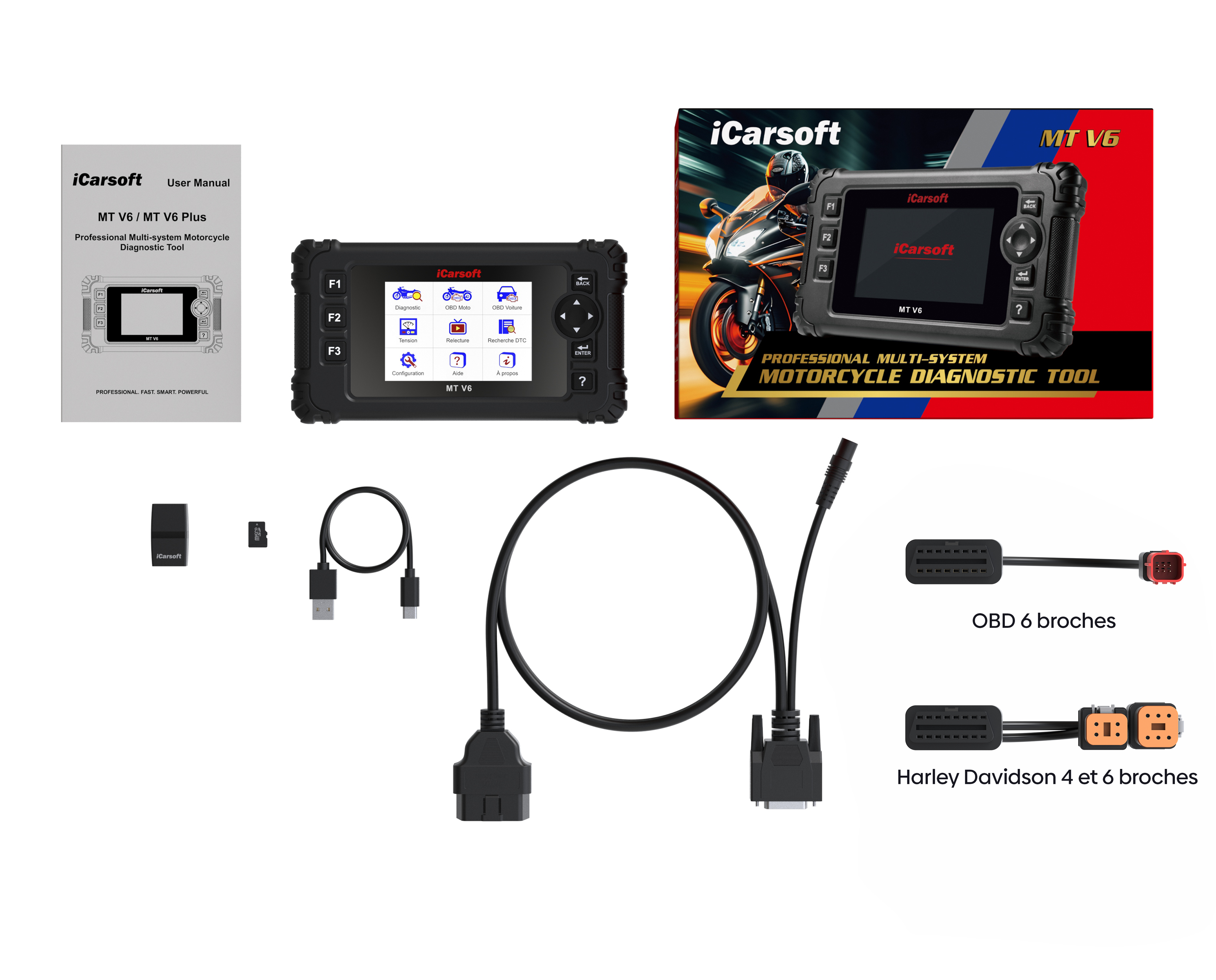 Pack complet iCarsoft MT V6 pour diagnostic moto avec adaptateurs Harley Davidson