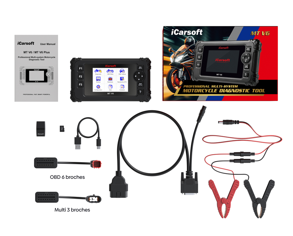 Pack complet de la valise de diagnostic moto iCarsoft MT V6 pour Aprilia avec câbles et pinces