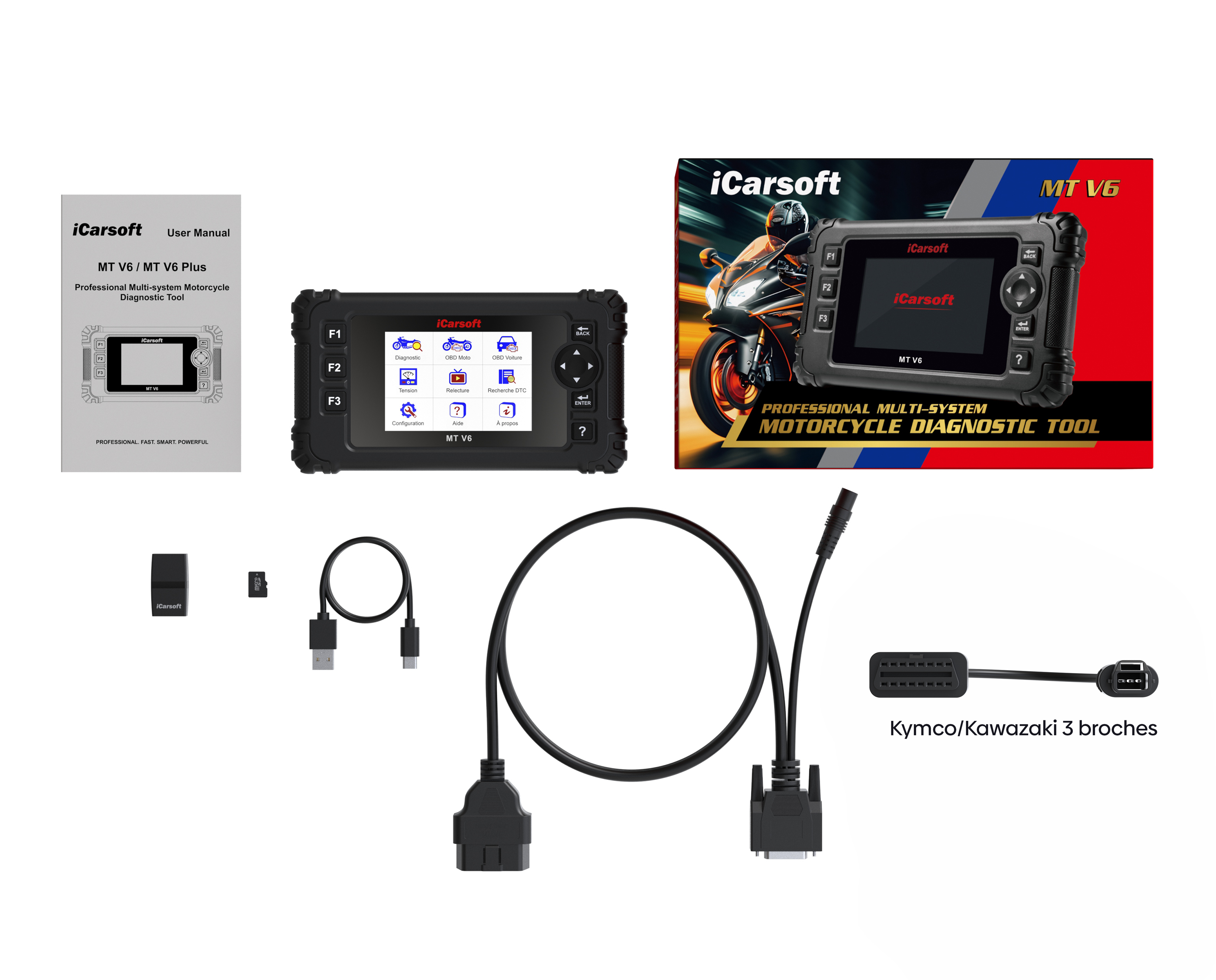 Pack de diagnostic moto iCarsoft MT V6 avec adaptateur Kymco et Kawasaki 3 broches