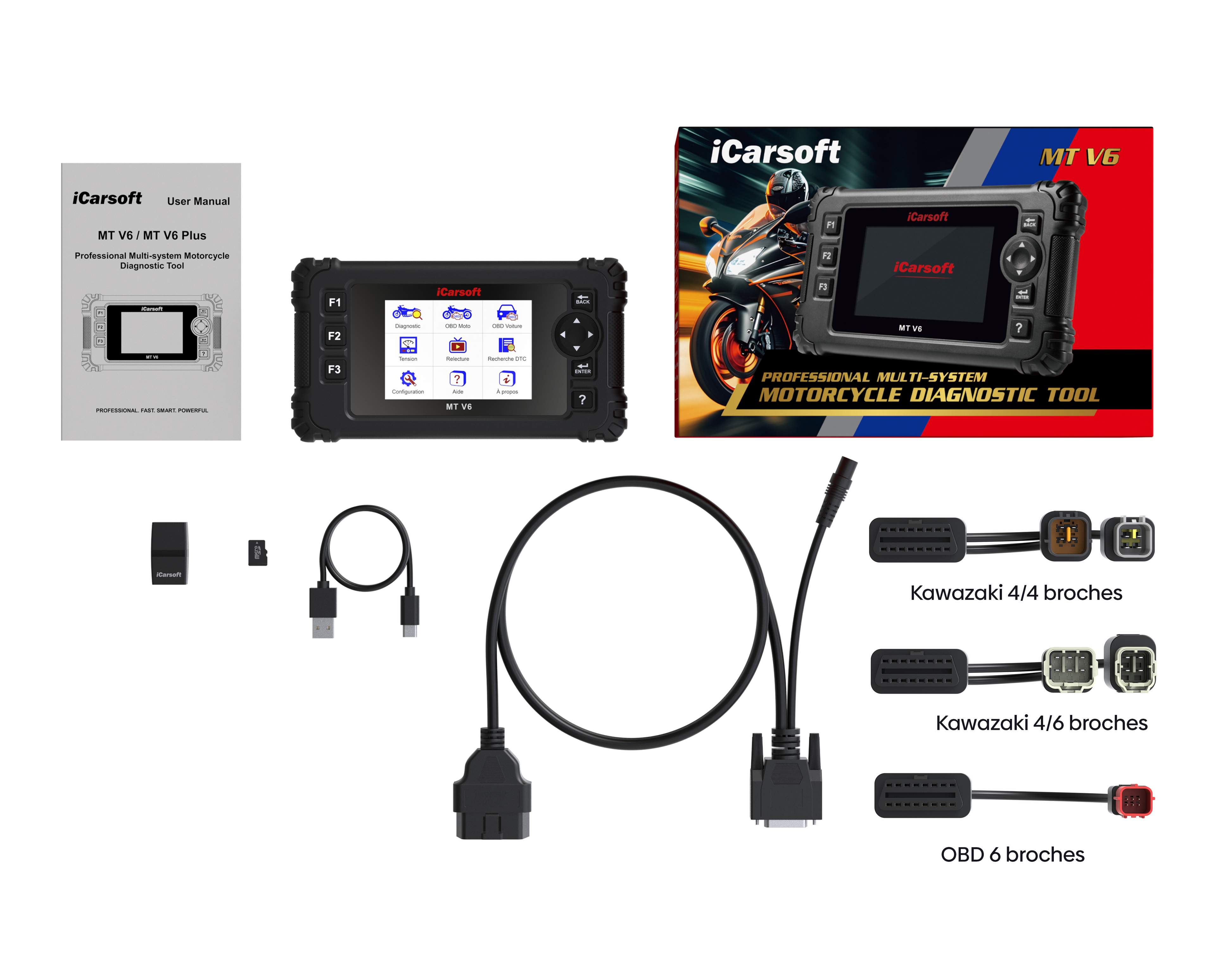 Pack de diagnostic moto iCarsoft MT V6 pour Kawasaki avec cables de branchement