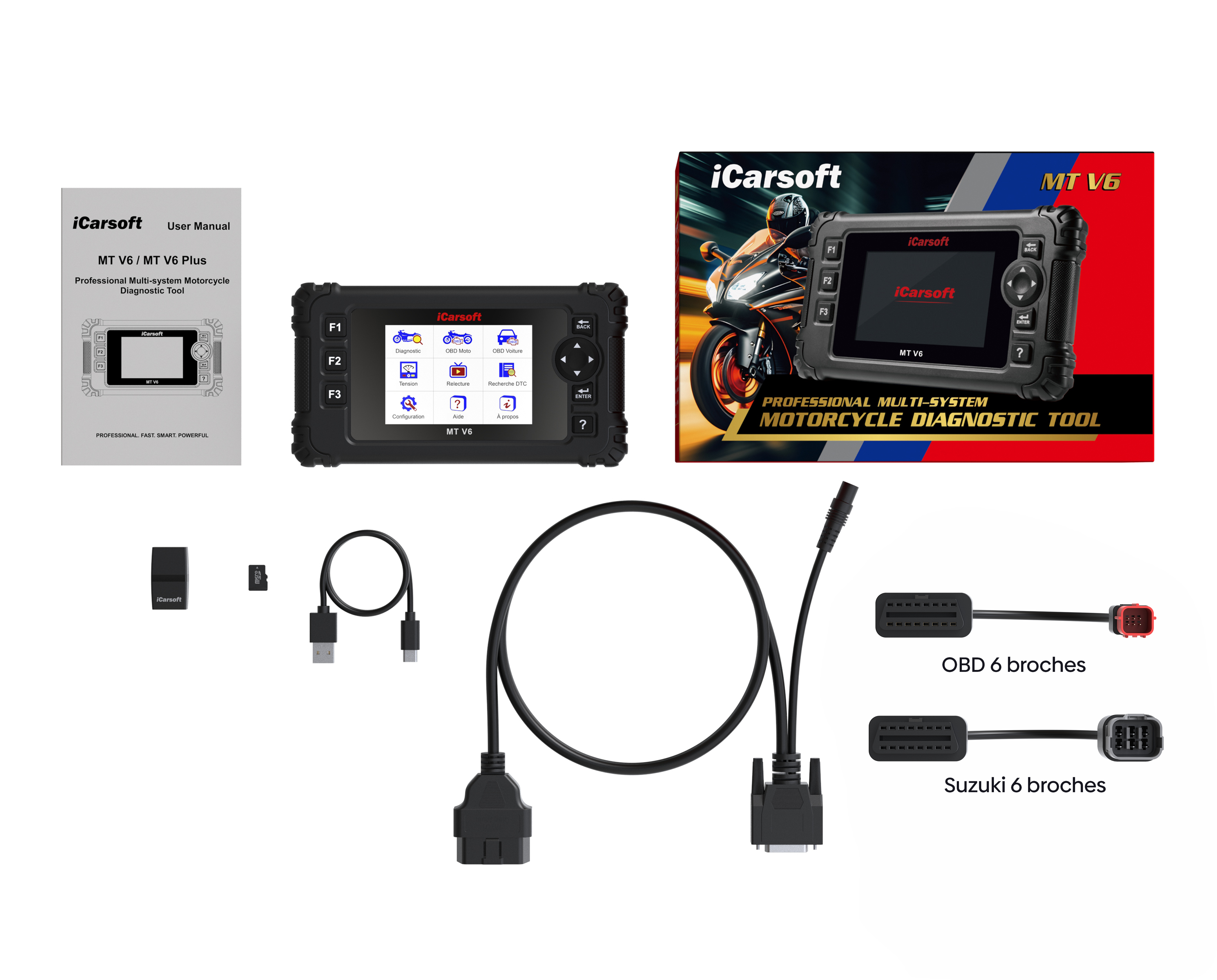 Pack complet de la valise de diagnostic moto iCarsoft MT V6 avec ses câbles de connexion OBD et Suzuki