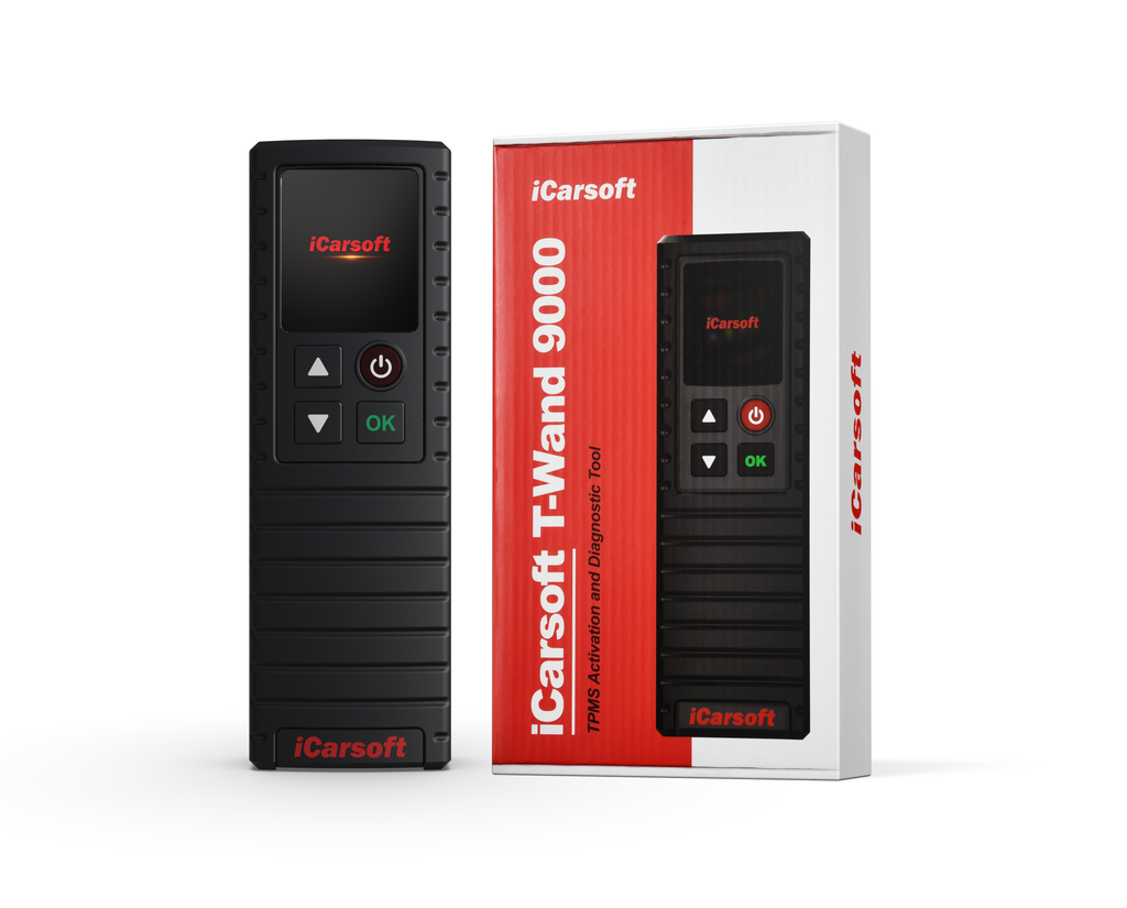 Module de diagnostic TPMS iCarsoft T-Wand 9000 à côté de sa boîte d'origine