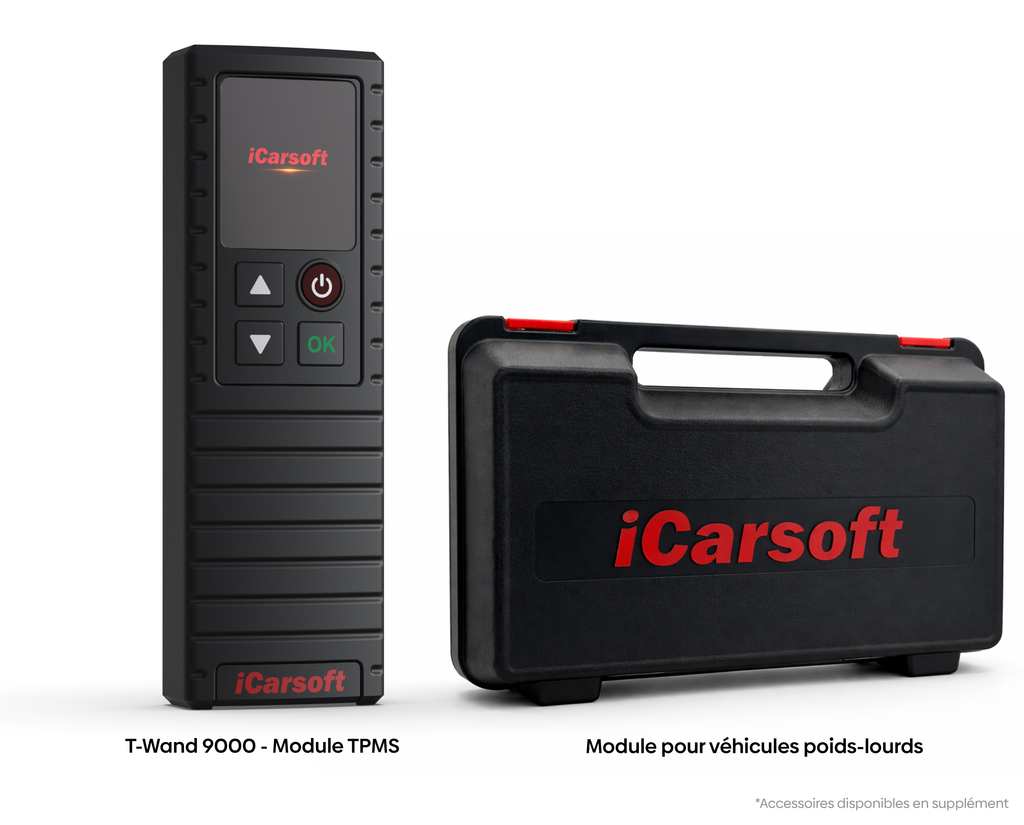Module TPMS iCarsoft T-Wand 9000 à côté de sa mallette pour véhicules poids lourds