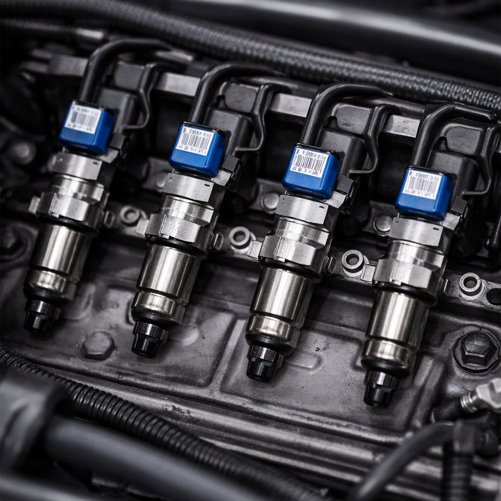 Quatre injecteurs de moteur de voiture avec codes barres et connecteurs bleus