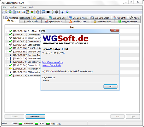 Capture d ecran de l interface du logiciel de diagnostic auto ScanMaster ELM avec statut de connexion