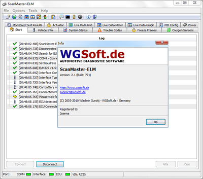 Capture d ecran de l interface du logiciel de diagnostic auto ScanMaster ELM avec statut de connexion