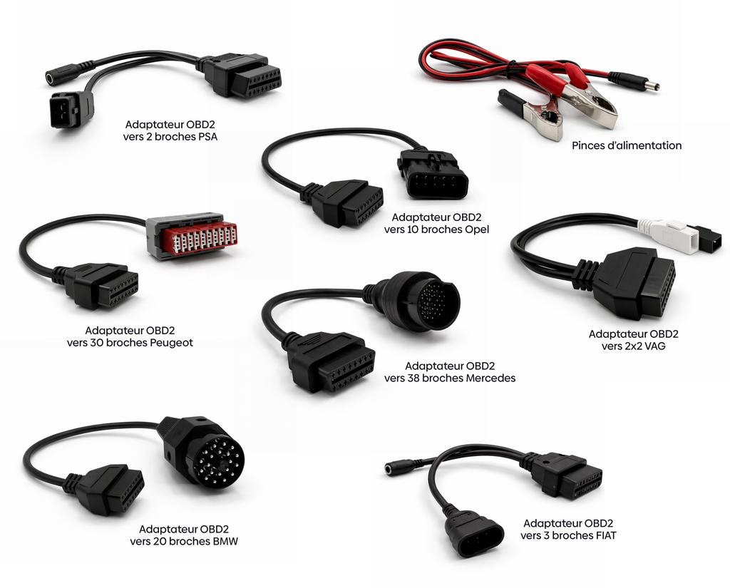 Kit de huit adaptateurs OBD2 et pinces d alimentation pour le diagnostic auto