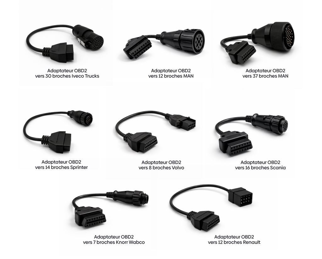Ensemble de huit câbles adaptateurs OBD2 pour le diagnostic de camions et poids lourds
