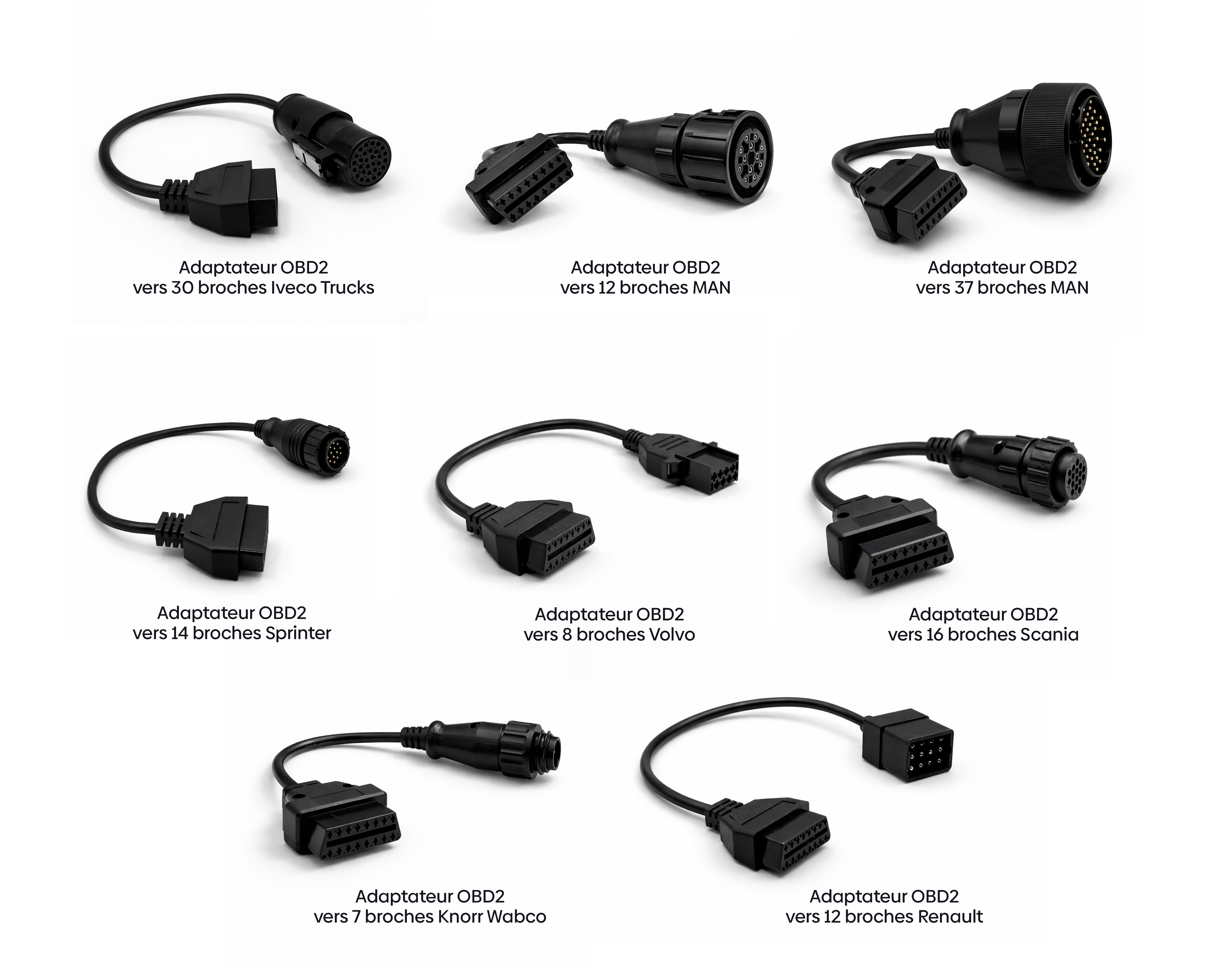 Ensemble de huit câbles adaptateurs OBD2 pour le diagnostic de camions et poids lourds