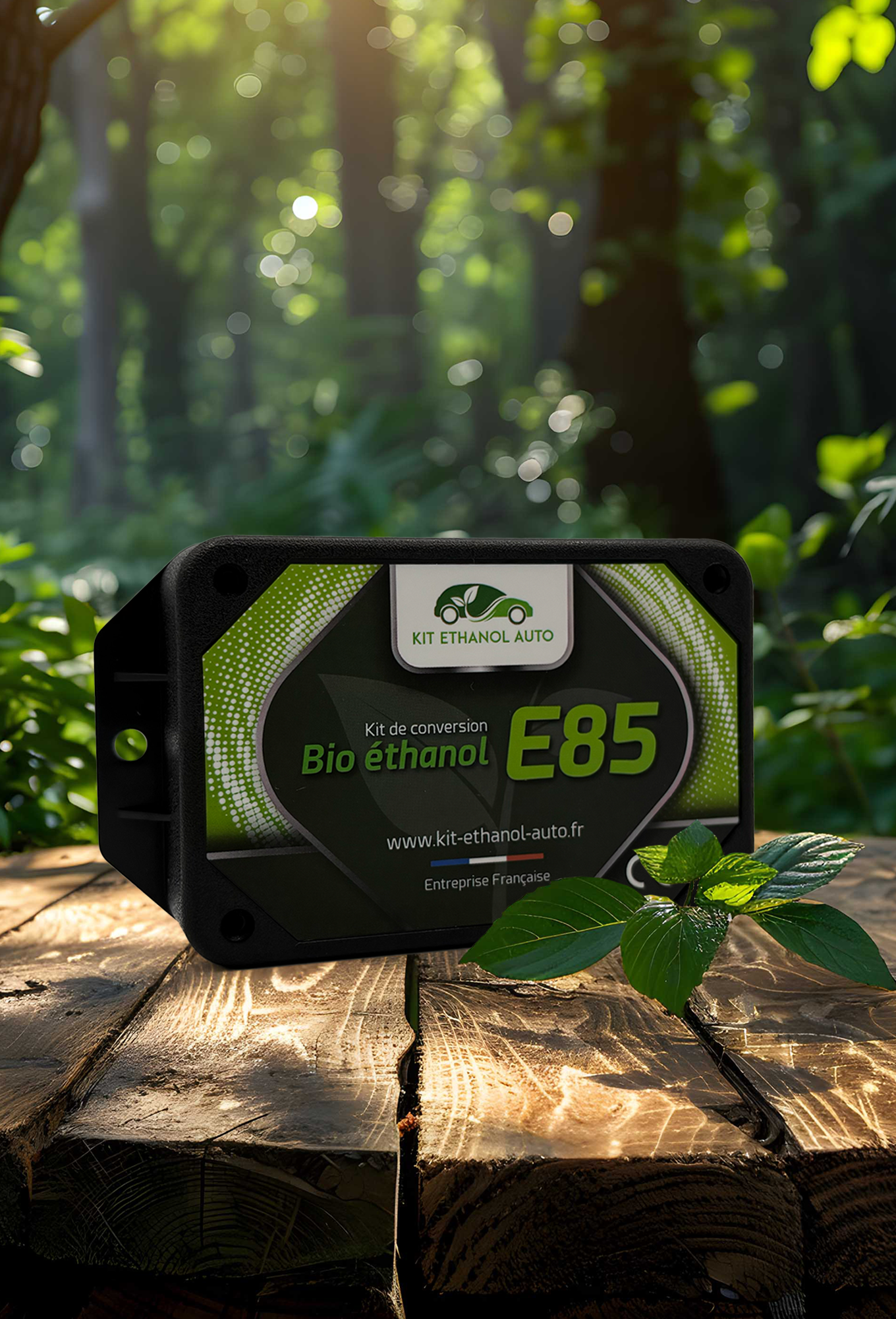 Boîtier de conversion bioéthanol E85 posé sur une table en bois en forêt