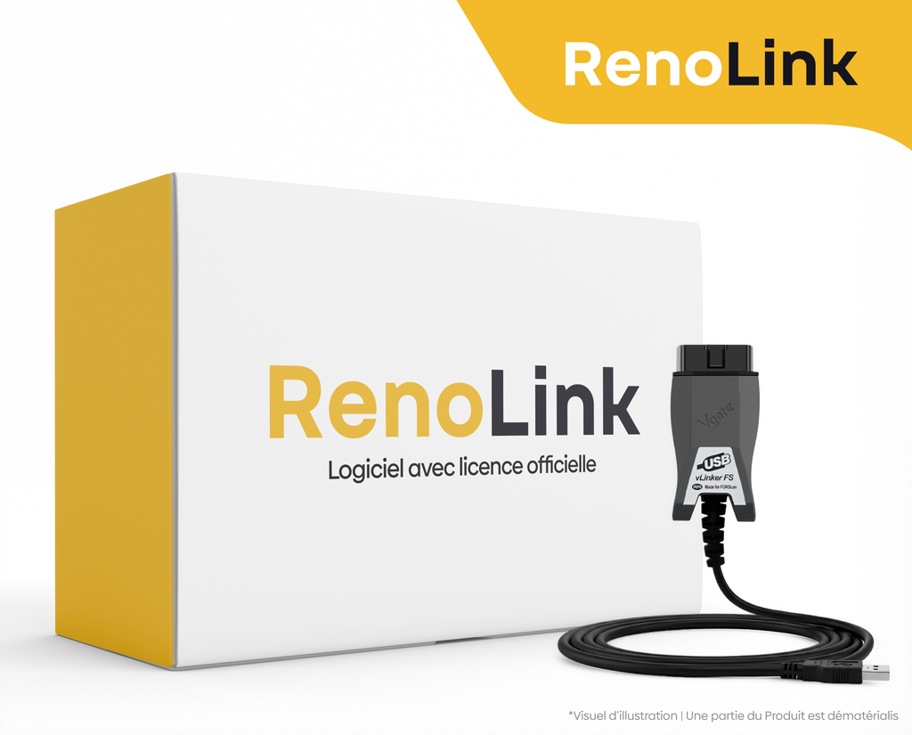 Boîte du logiciel de diagnostic officiel RenoLink avec son interface vGate vLinker FS