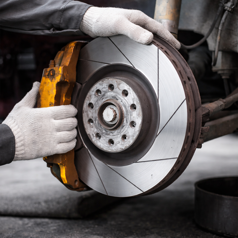 Meccanicien verifiant un disque de frein et un etrier sur une voiture