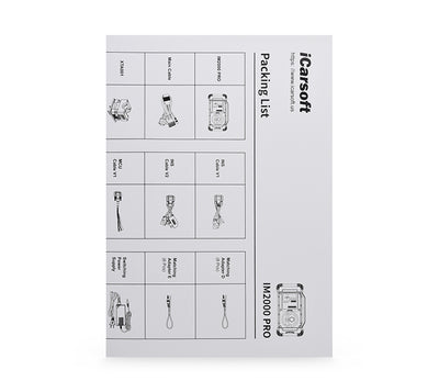 Liste de colisage et guide des accessoires inclus avec la valise iCarsoft IM2000 Pro