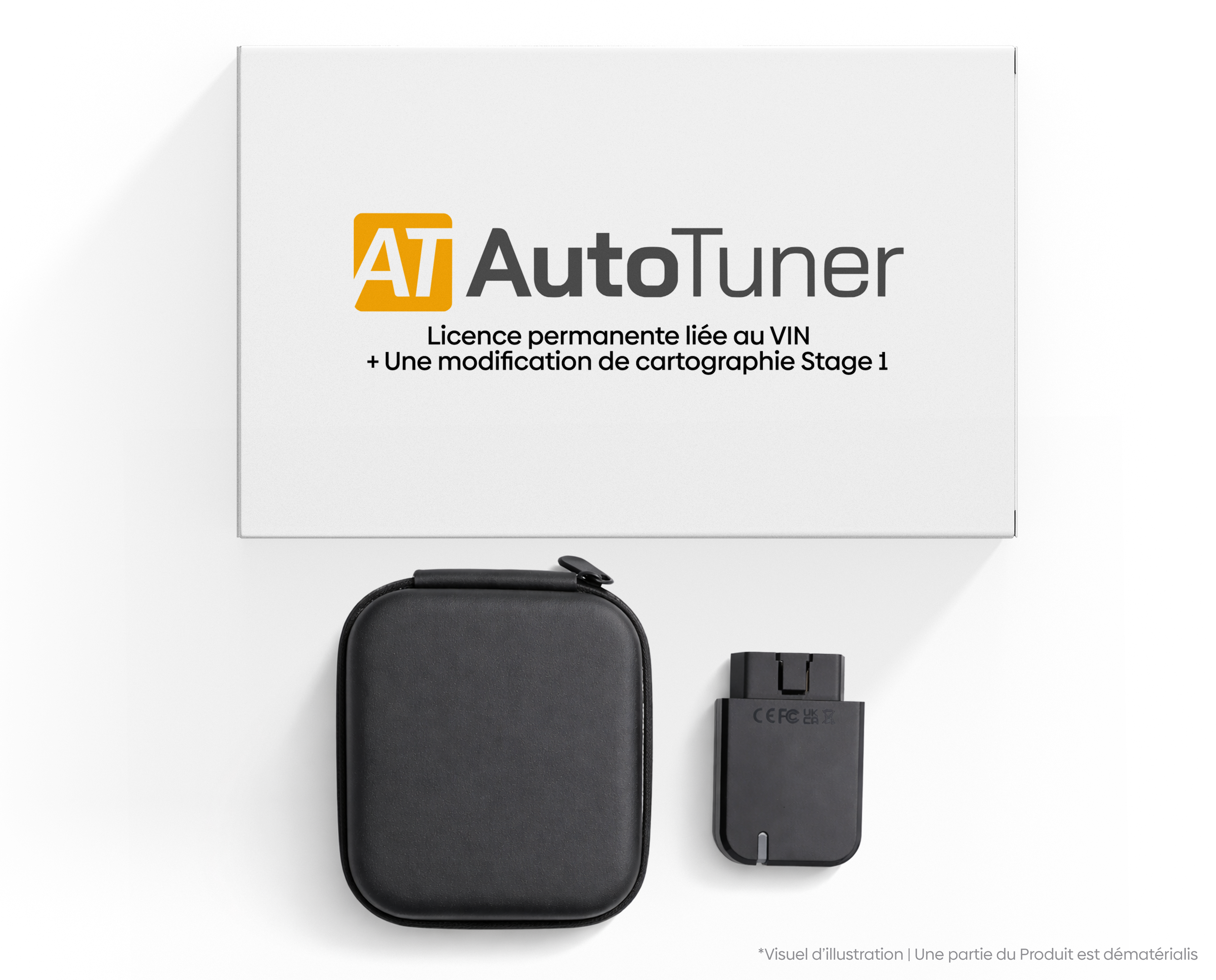 Boîtier AutoTuner One avec sa housse et sa boîte contenant la licence de cartographie Stage 1