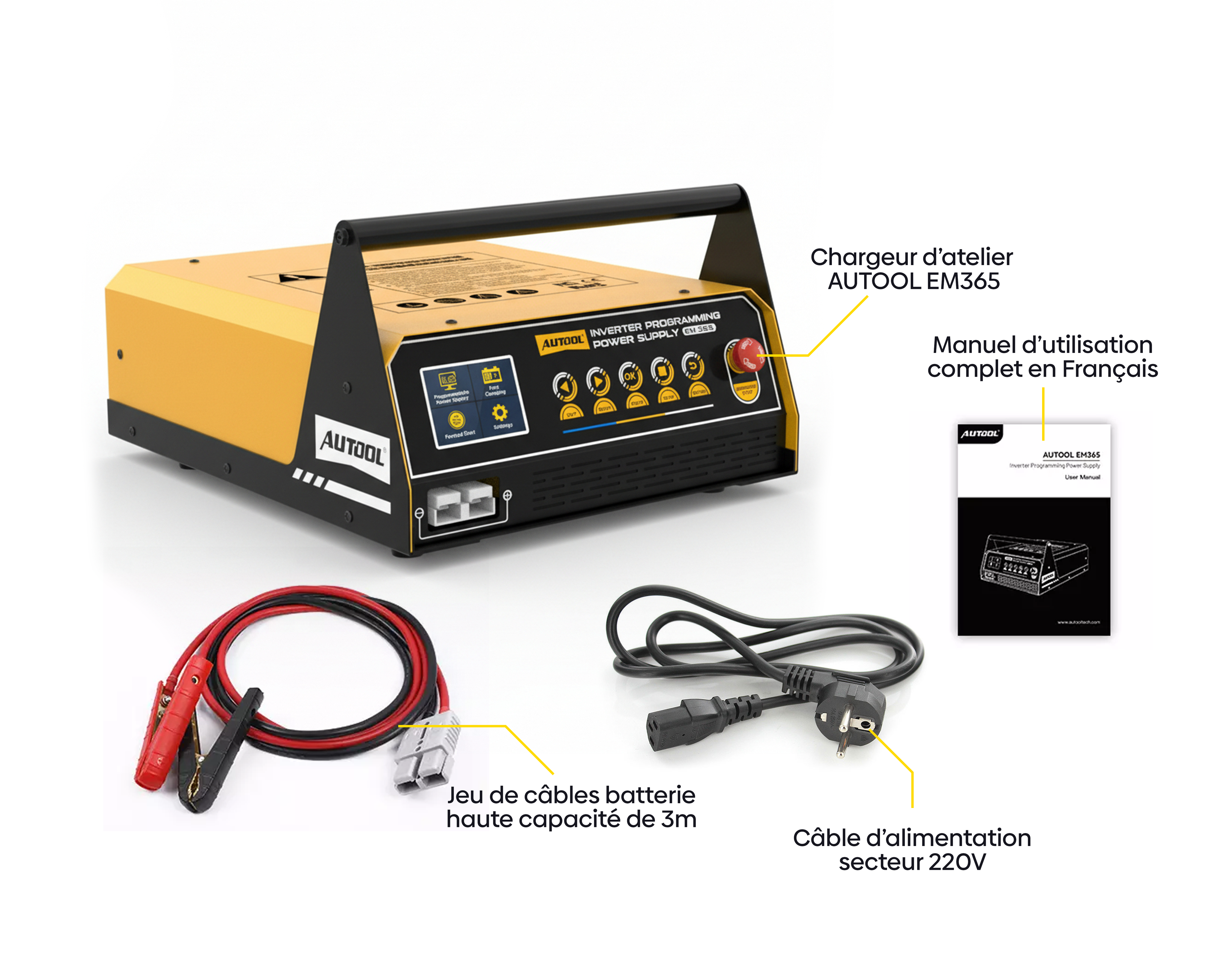 Pack complet avec le chargeur d atelier Autool EM365 et ses accessoires de connexion