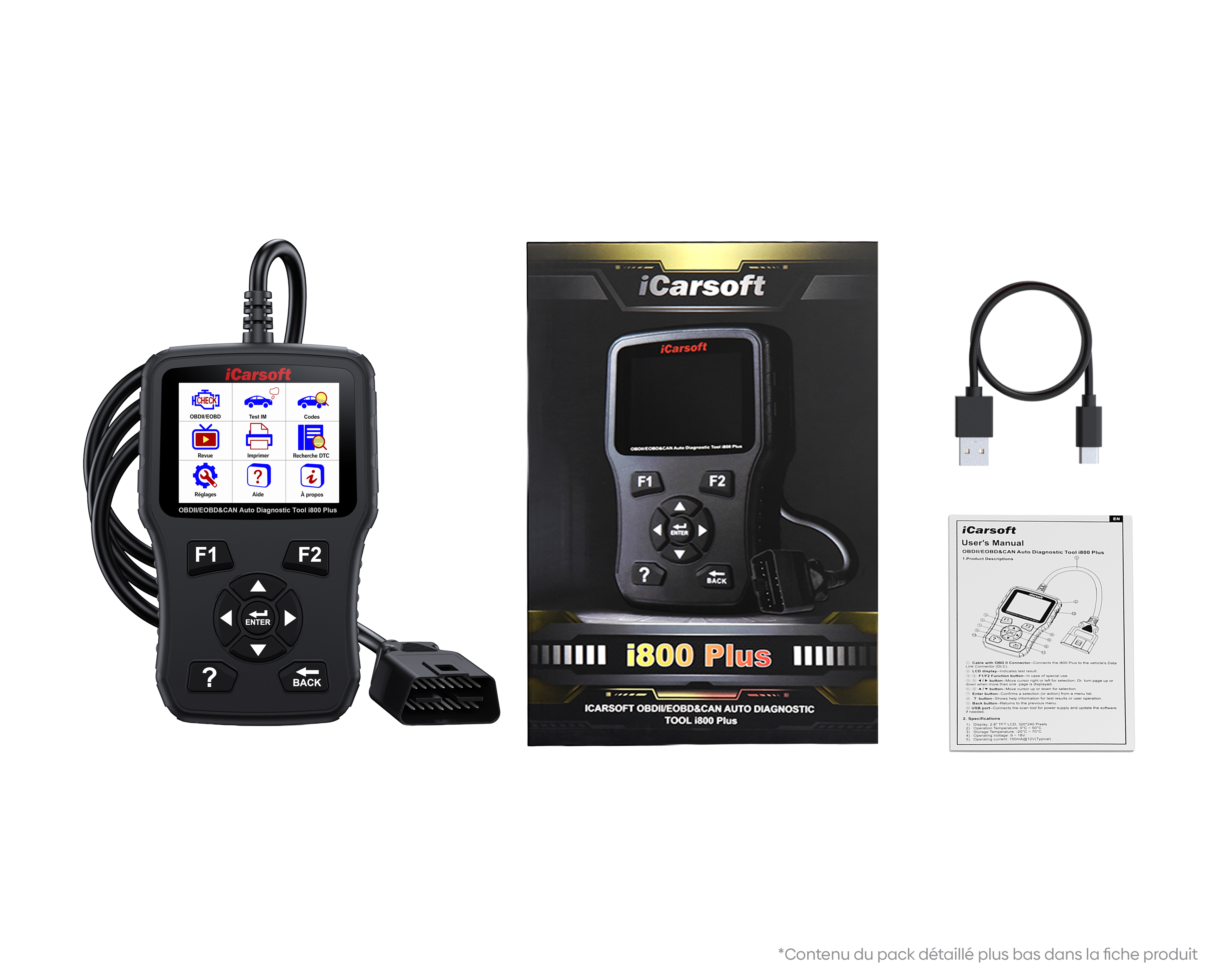 Pack complet contenant le boitier iCarsoft i800 Plus avec ses câbles et son manuel d utilisation