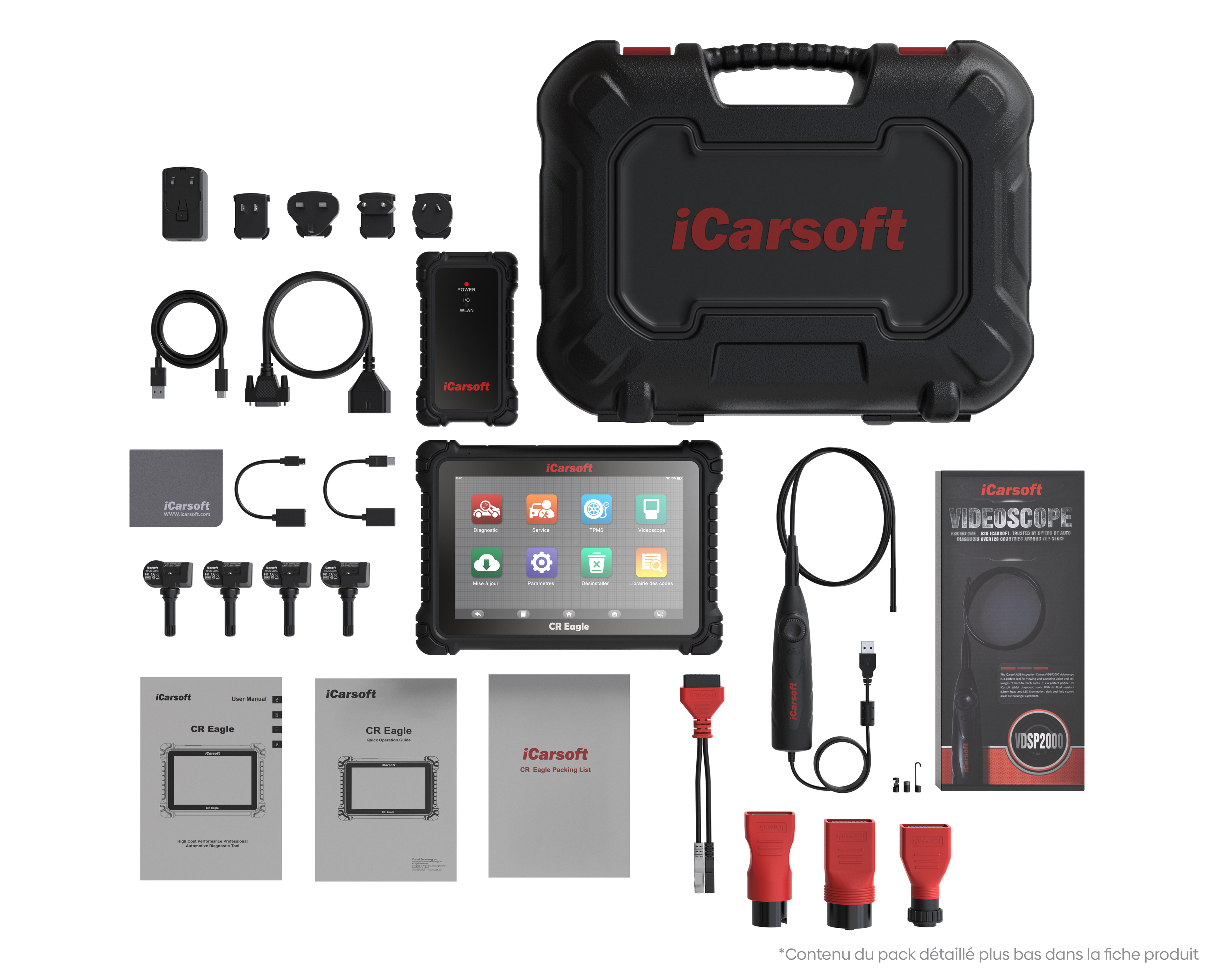 Pack complet de la valise de diagnostic multimarque iCarsoft CR Eagle avec accessoires et mallette