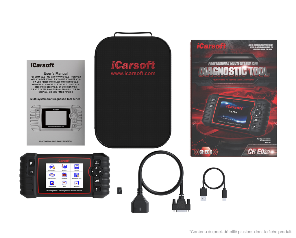 Pack complet de la valise de diagnostic multimarque iCarsoft CR Elite avec sa housse et ses câbles