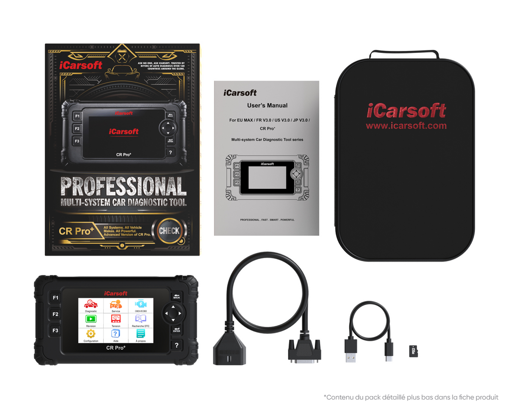 Contenu complet du pack diagnostic auto multimarque iCarsoft CR Pro Plus
