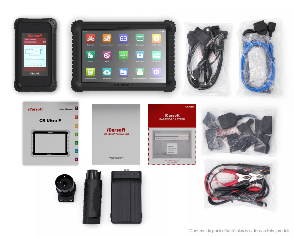 Pack complet de la valise de diagnostic multimarque iCarsoft CR Ultra P avec ses câbles et adaptateurs
