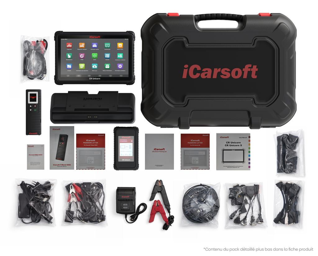 Pack complet de la valise de diagnostic professionnel iCarsoft CR Unicorn S et ses accessoires