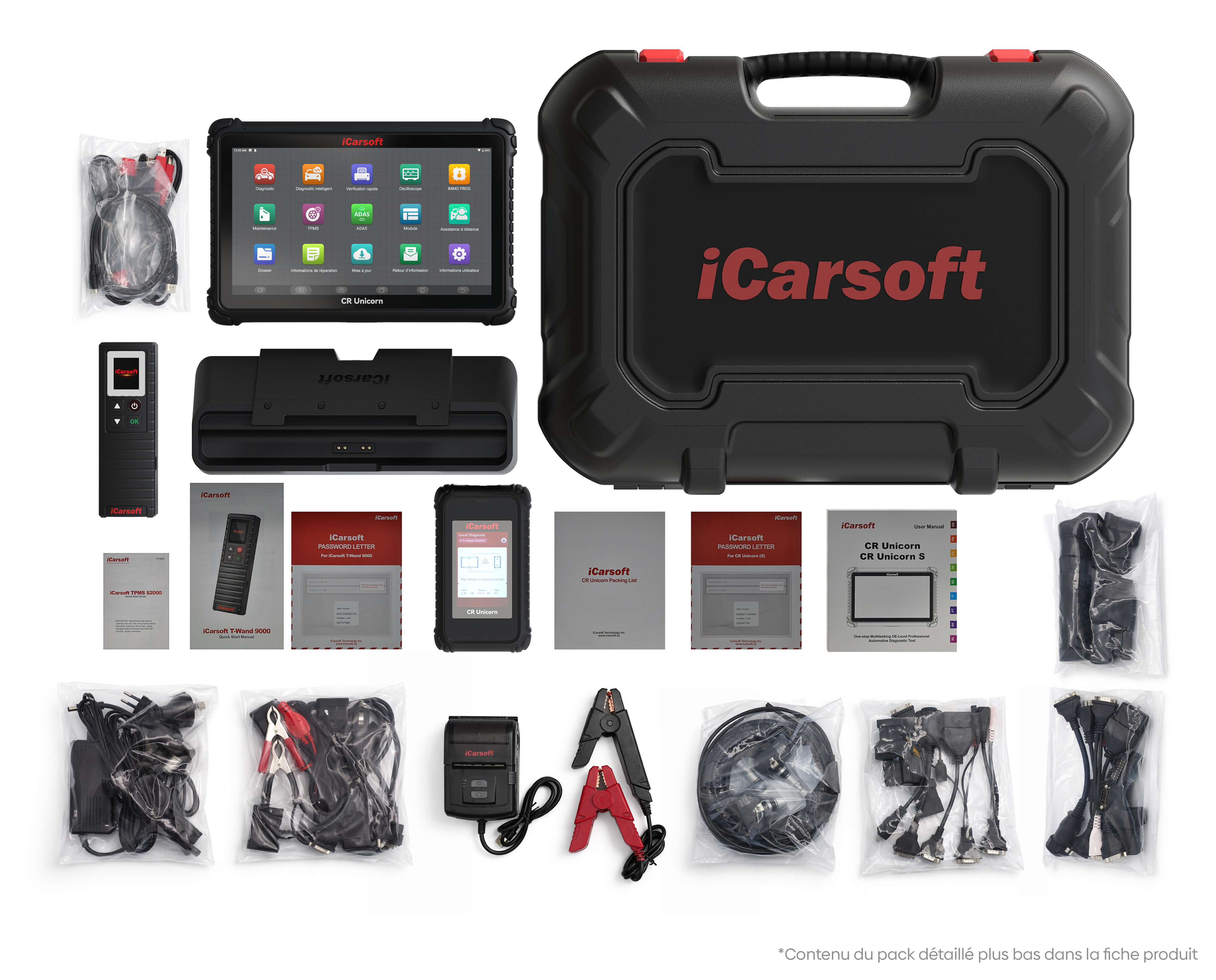 Pack complet de la valise de diagnostic professionnel iCarsoft CR Unicorn S et ses accessoires