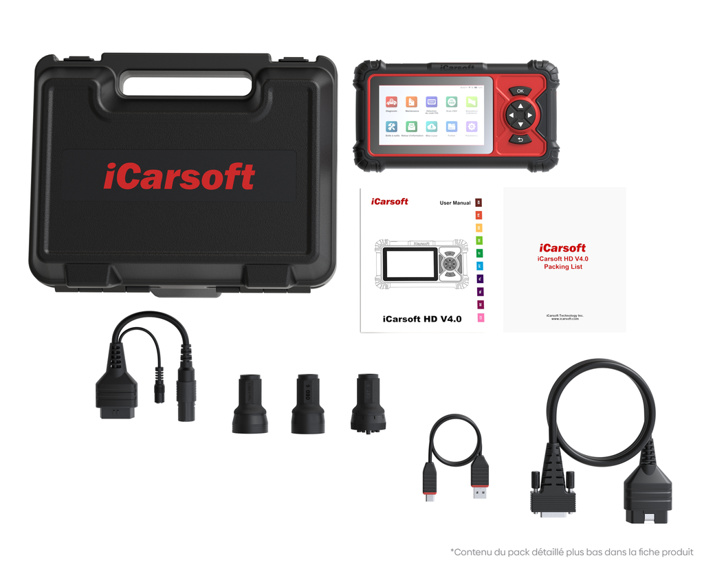 Pack complet de la valise de diagnostic pour poids lourds iCarsoft HD V4 avec accessoires