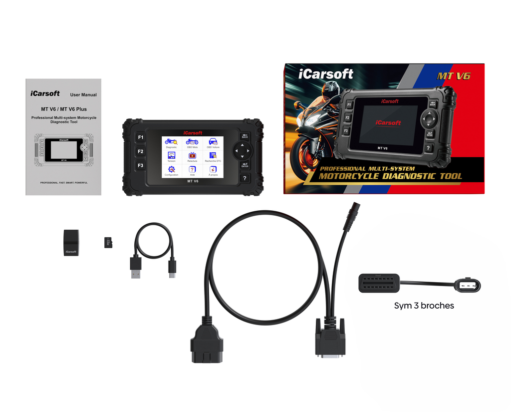 Pack complet de la valise de diagnostic moto iCarsoft MT V6 avec adaptateur Sym 3 broches