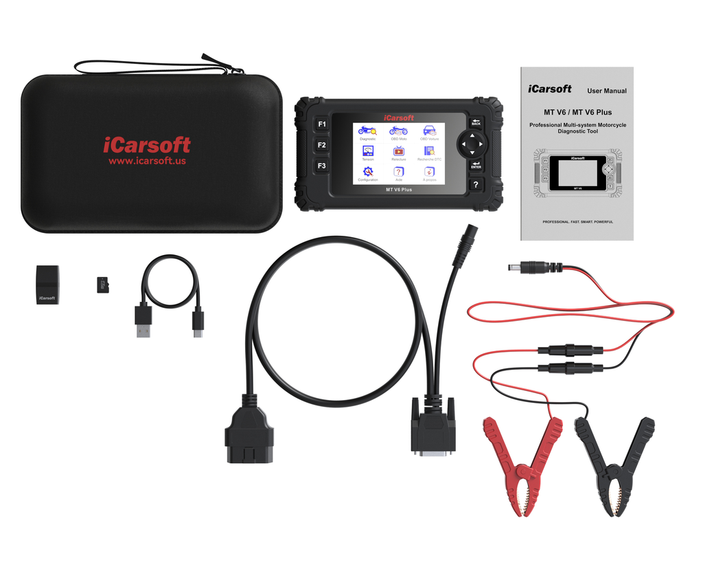 Pack complet de la valise de diagnostic moto iCarsoft MT V6 Plus avec tous ses câbles et sa housse