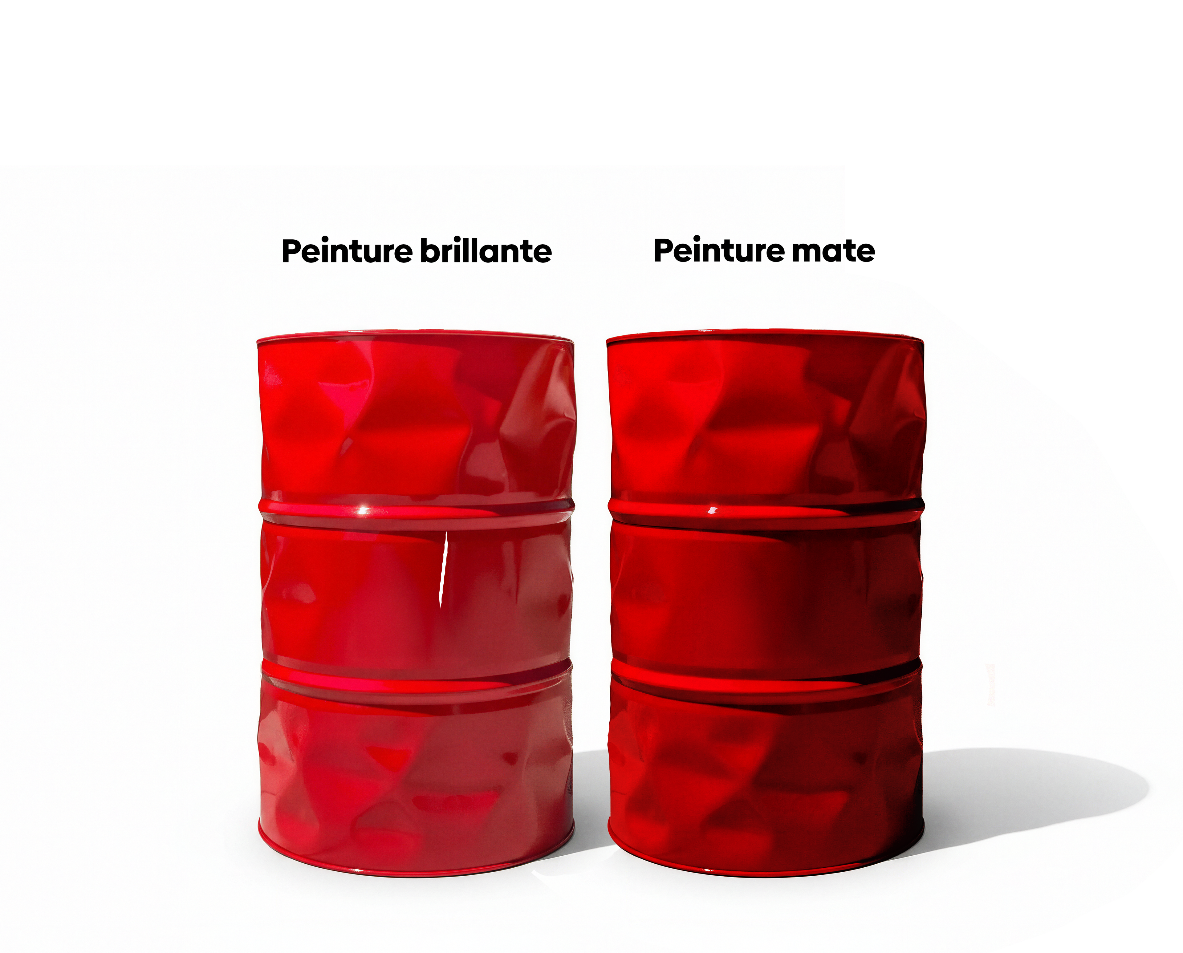 Comparatif entre la finition de peinture brillante et mate sur un baril rouge décoratif