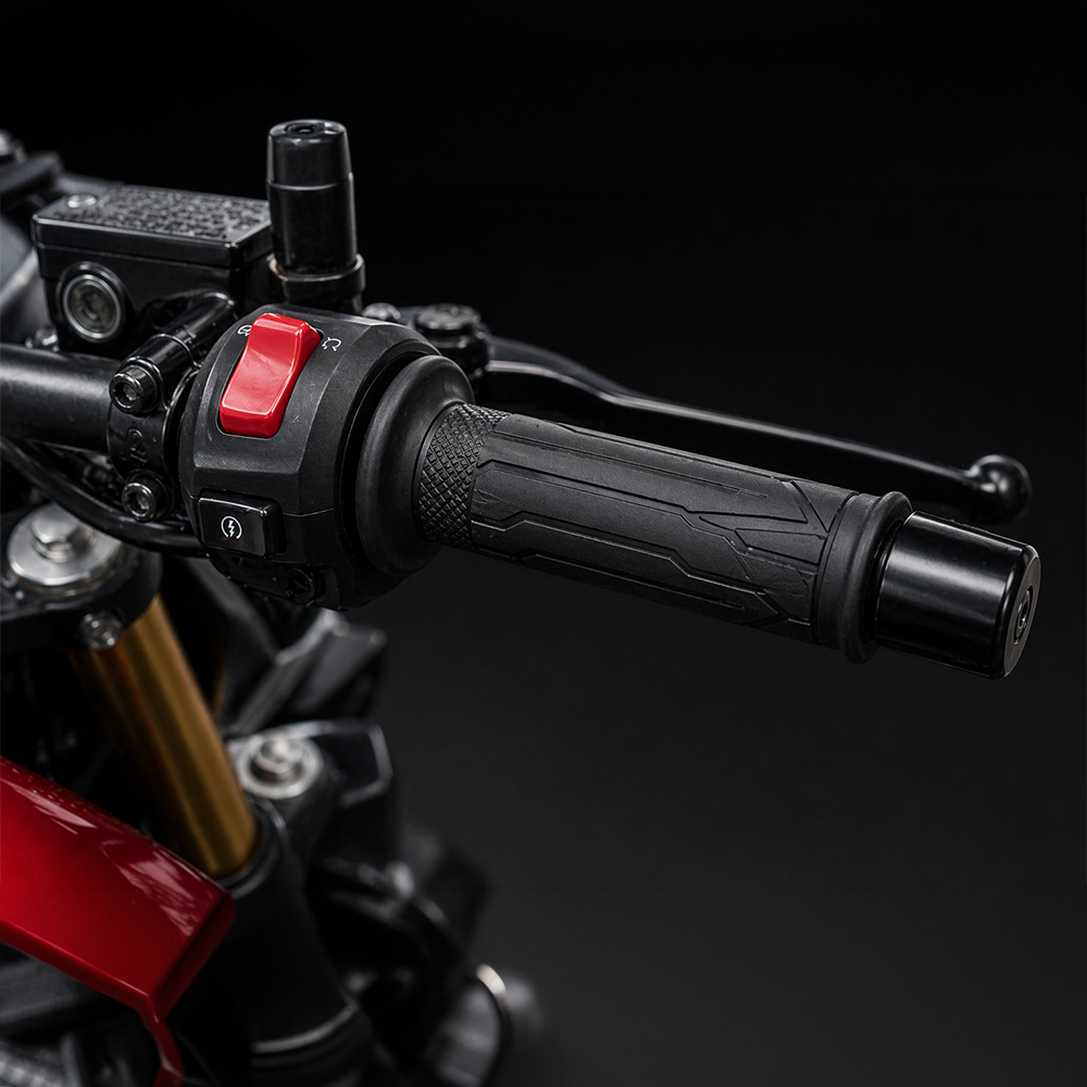 Zoom sur la poignée droite d un guidon de moto avec bouton de démarrage rouge