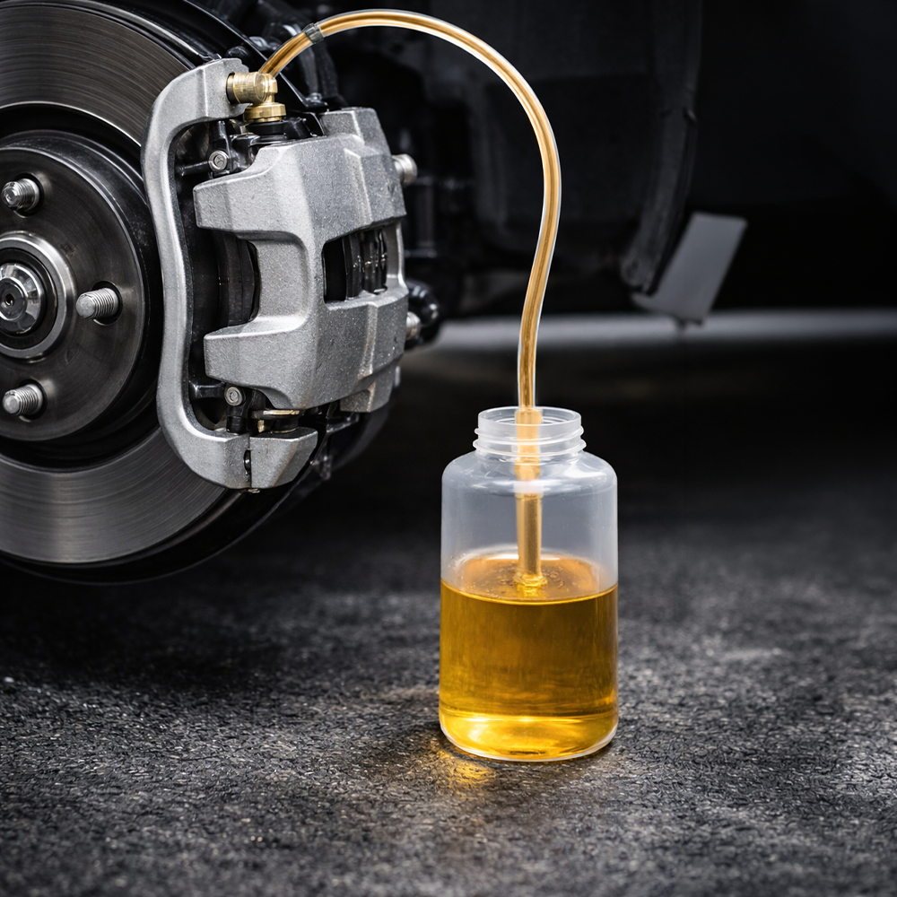 Purge du liquide de frein usagé avec un tuyau transparent et un bocal