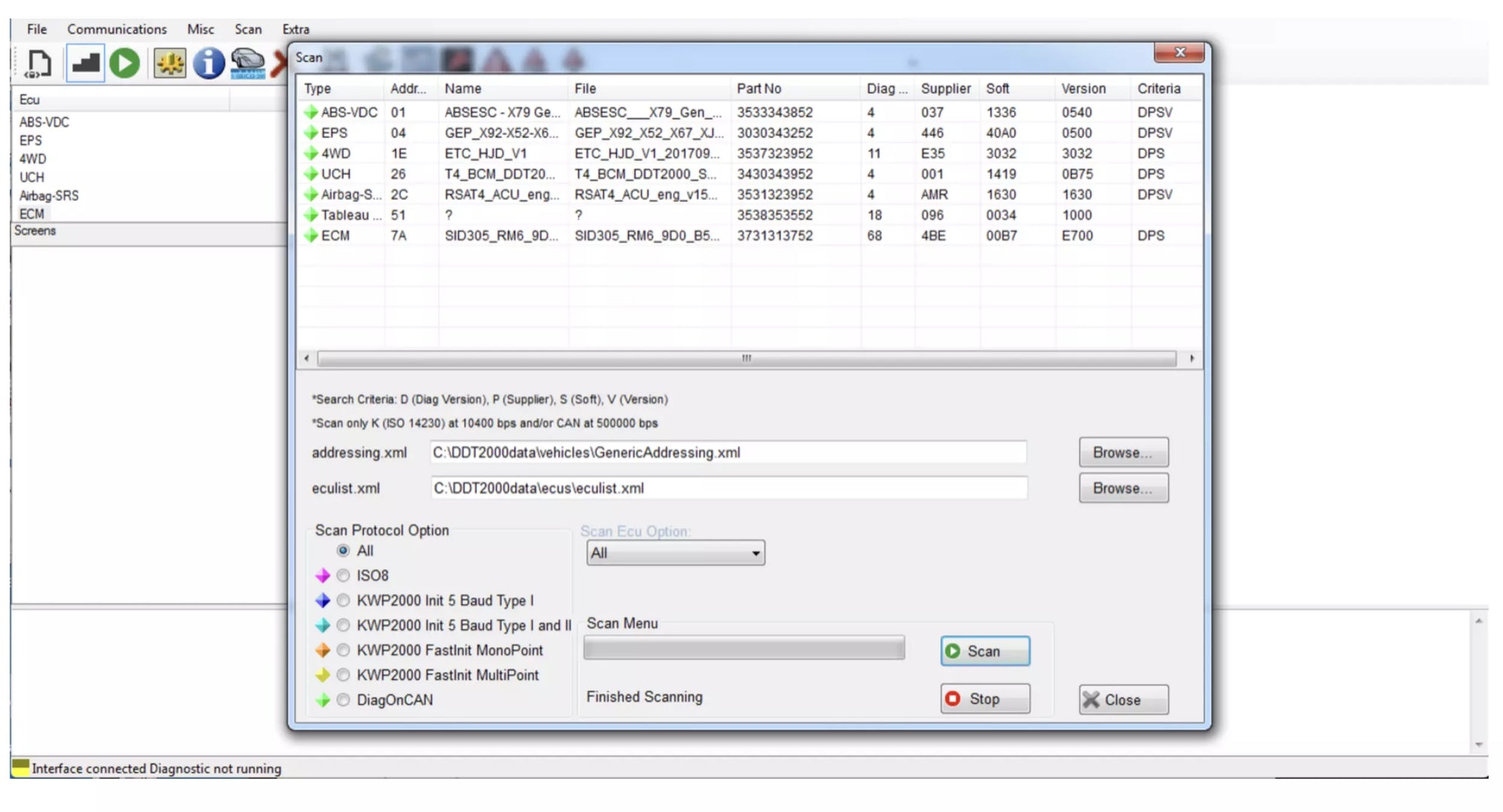 Interface du logiciel de diagnostic auto Renolink affichant les calculateurs de vehicules Renault