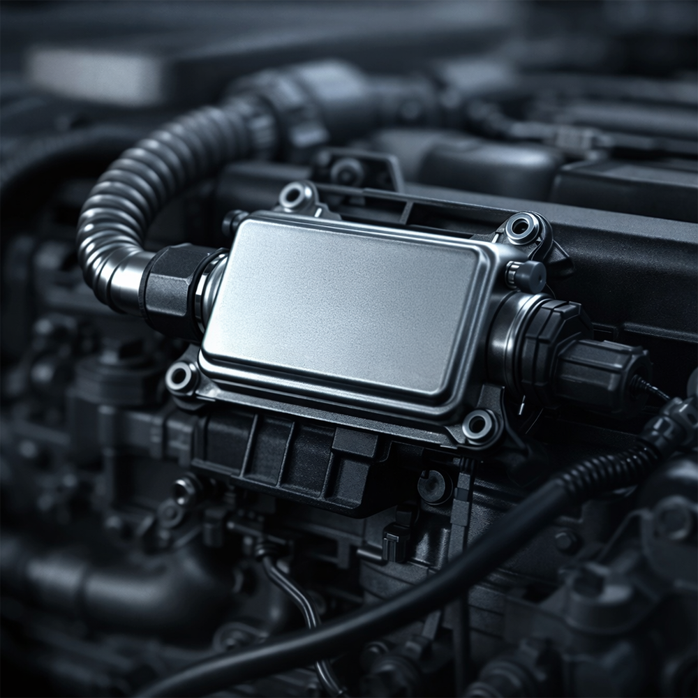 Gros plan sur un boitier de capteur NOX de rechange installé sur un moteur