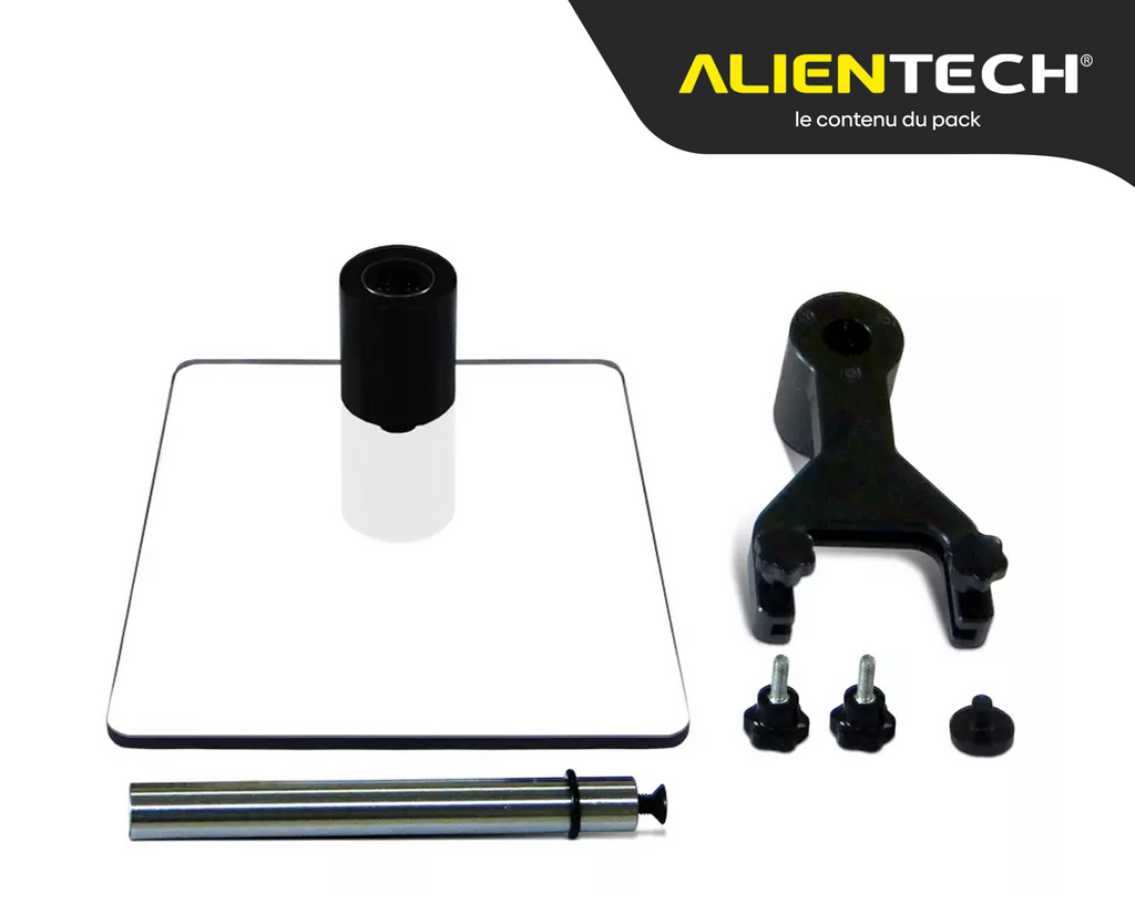 Contenu du pack de support de positionnement Alientech avec plaque en verre et visserie
