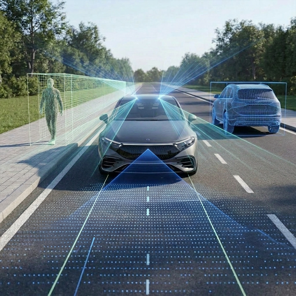Visualisation 3D d'une voiture autonome analysant la route avec la technologie ADAS