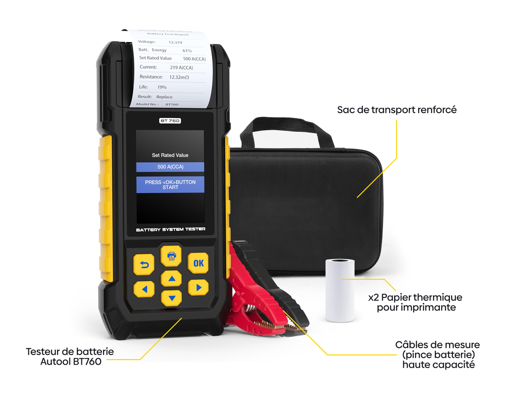 Testeur de batterie Autool BT760 avec sac de transport pince et rouleaux de papier thermique