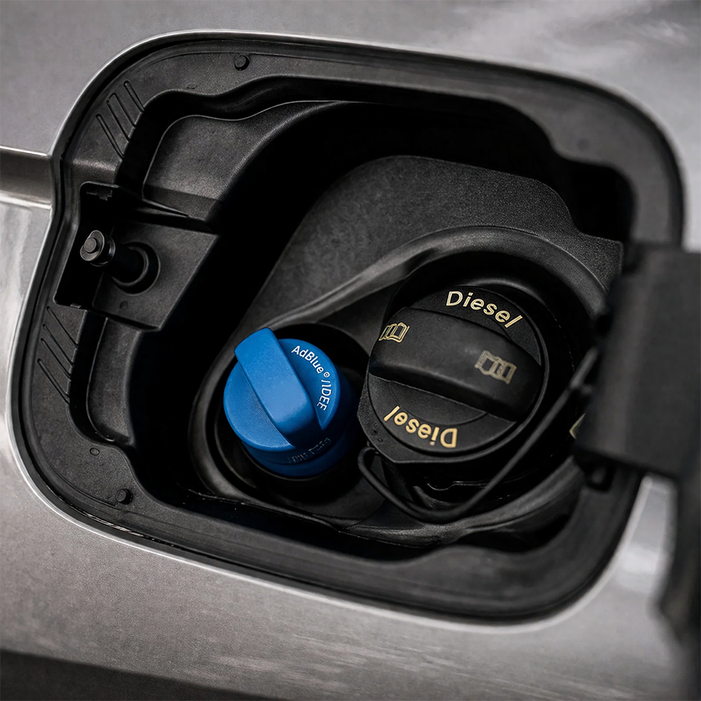 Gros plan sur la trappe de carburant d un vehicule diesel avec bouchon bleu AdBlue