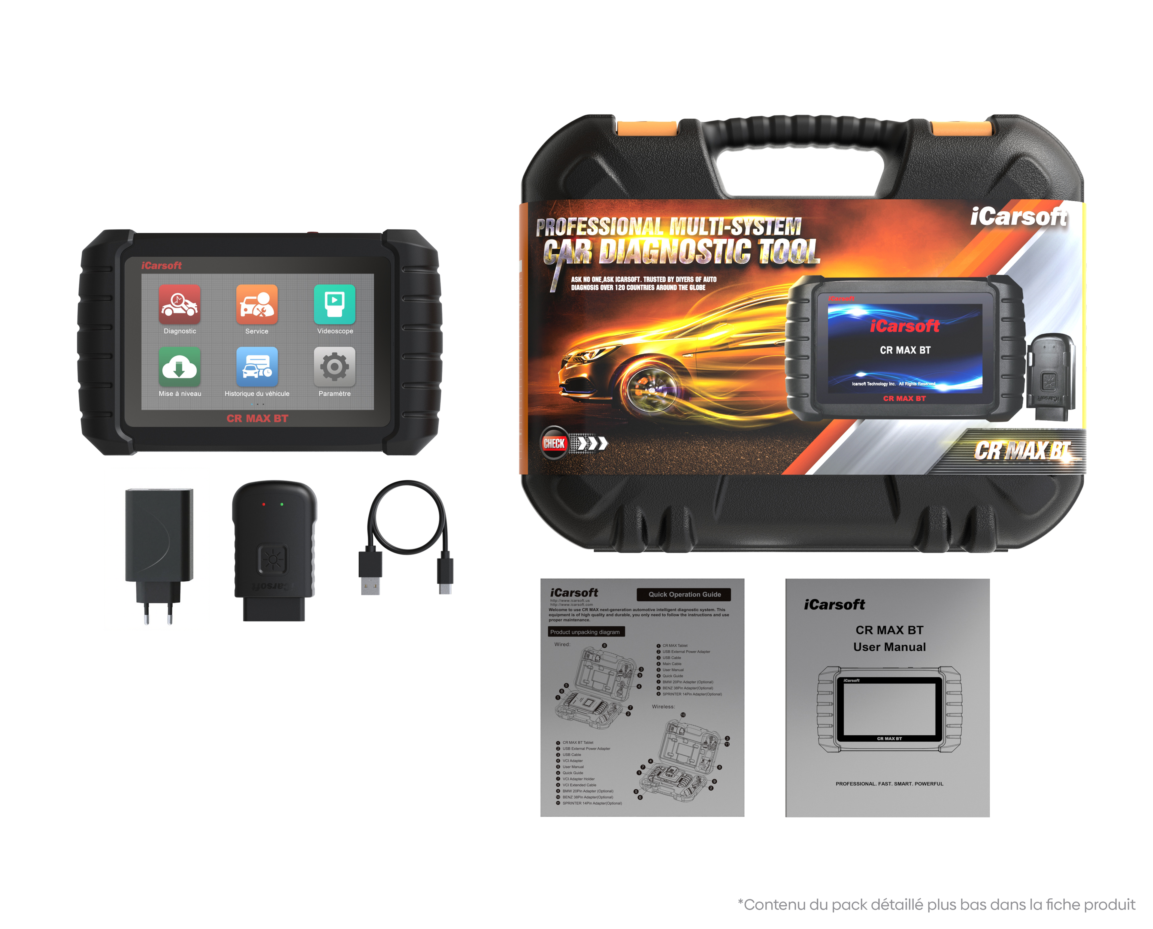 Pack complet valise diagnostic multi marque iCarsoft CR Max BT avec sa mallette