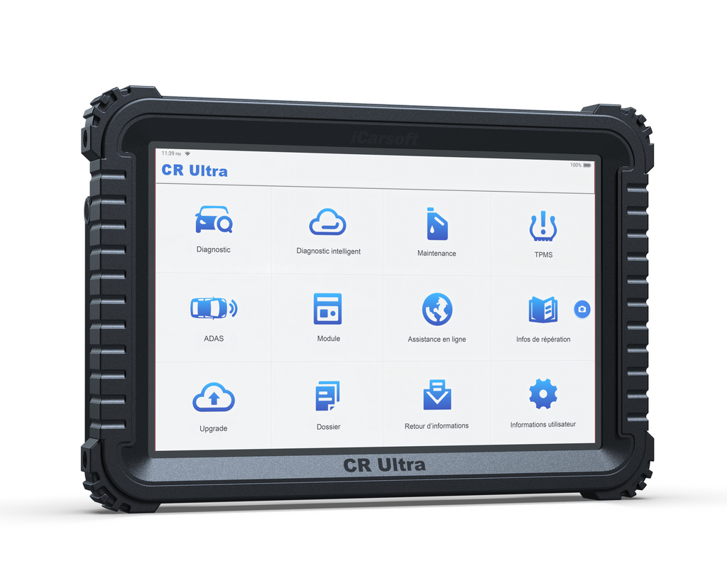 Tablette de diagnostic automobile multimarque iCarsoft CR Ultra avec son écran de menu en français