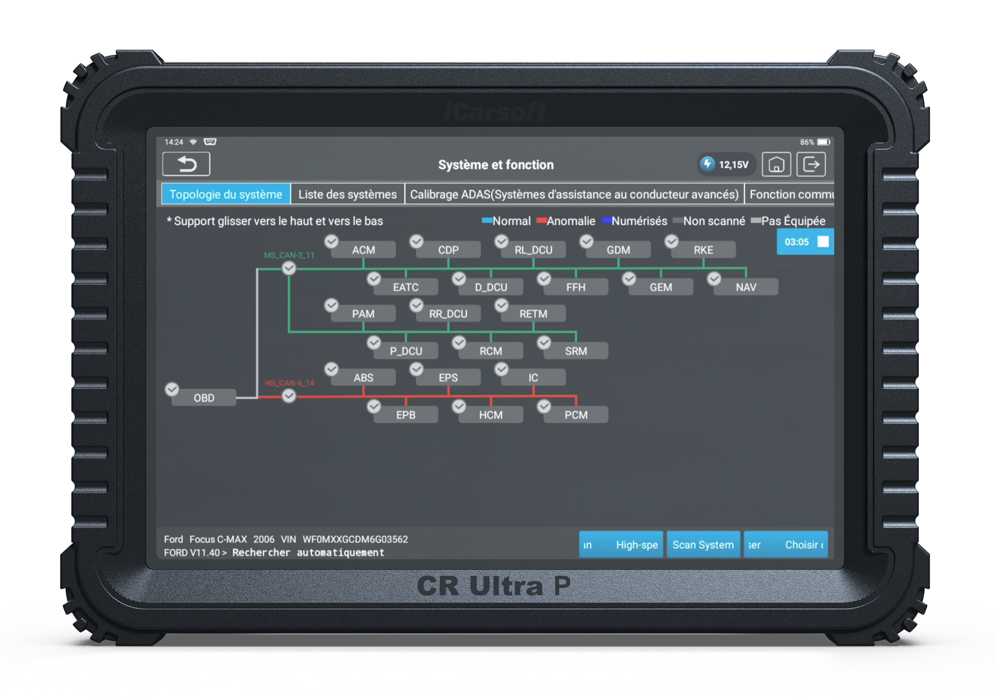 Interface de la valise de diagnostic multimarque iCarsoft CR Ultra P affichant la topologie du système