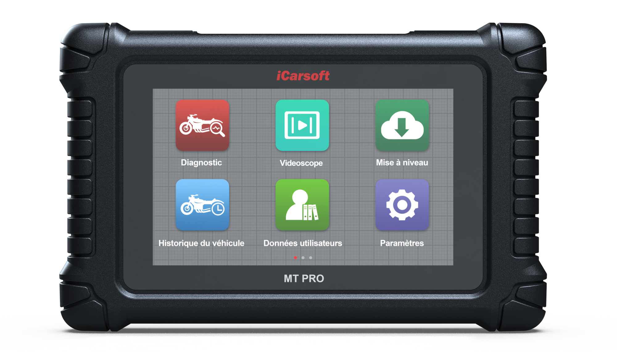 Tablette tactile de diagnostic moto iCarsoft MT Pro affichant le menu en francais