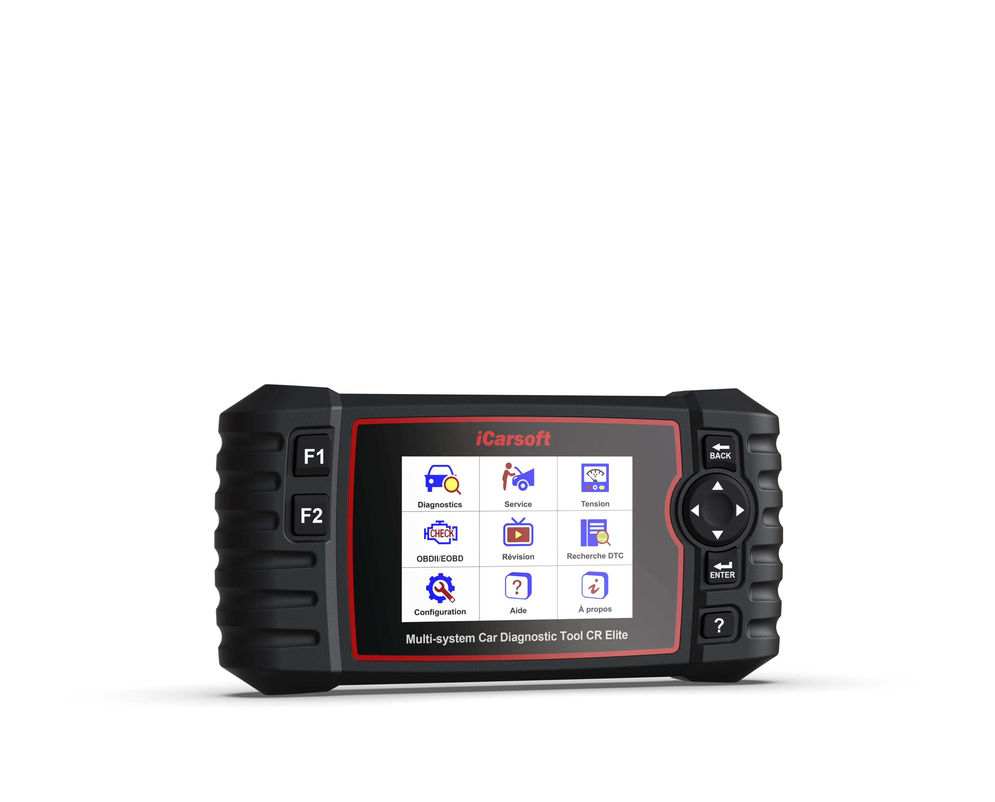 Valise de diagnostic multimarque iCarsoft CR Elite avec écran tactile affichant le menu en français