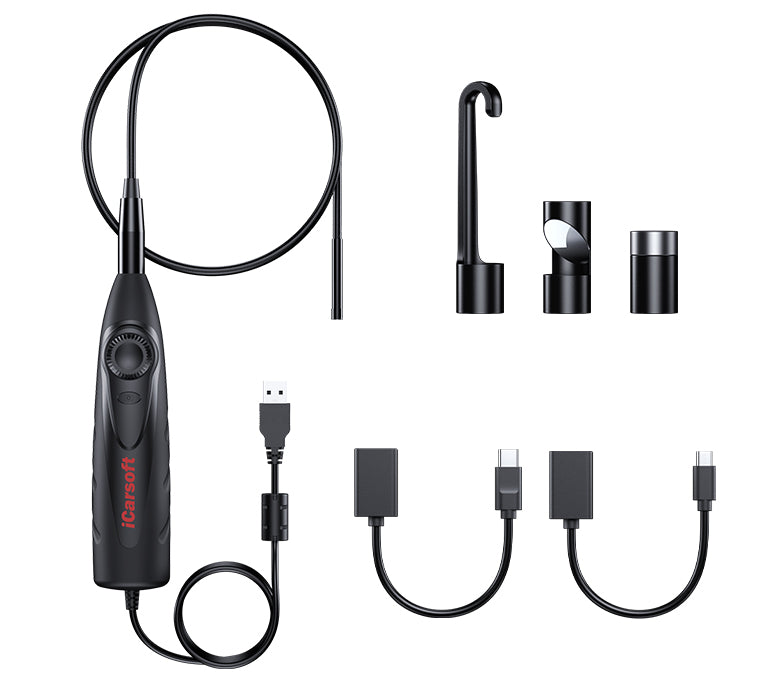 Vidéoscope CR Eagle d'iCarsoft avec sa sonde semi-rigide et ses câbles adaptateurs USB de diagnostic