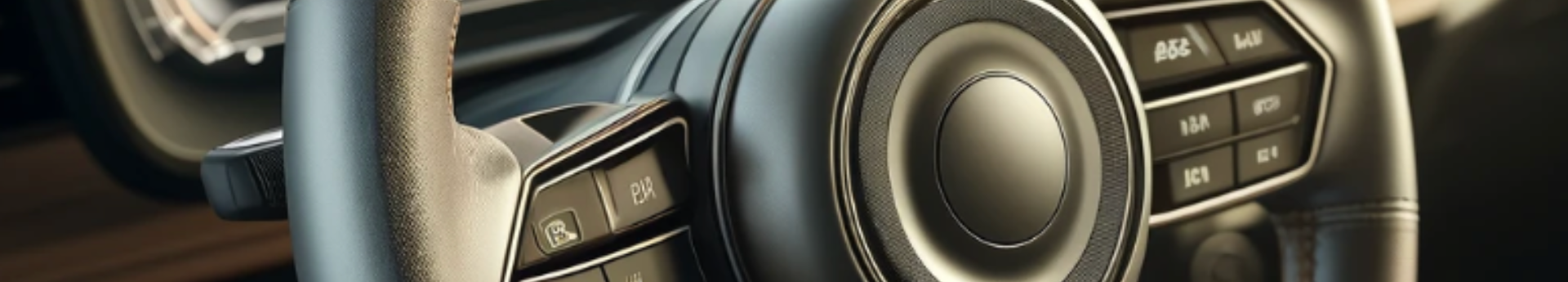 Gros plan sur un volant en cuir moderne et ses boutons de commandes de diagnostic